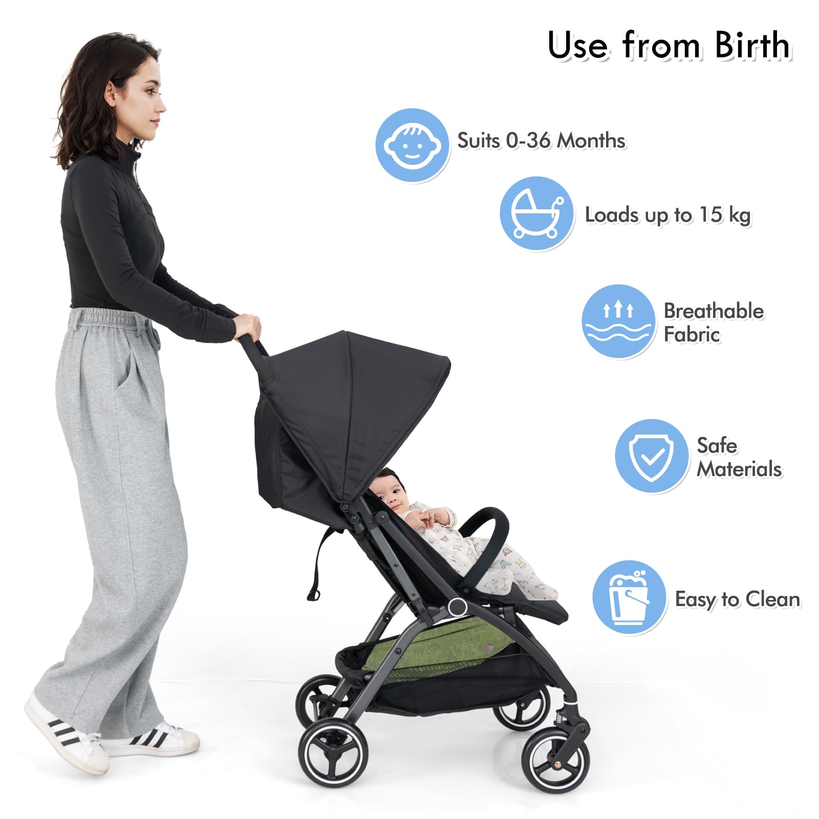 LIFEZEAL Cochecito de Bebé Plegable, Silla de Paseo Ligera con Respaldo Reclinable 150°-180°, Cochecito de Bastón con Toldo Ajustable, Arnés de Seguridad de 5 Puntos, Capacidad para 15 Kg (Negro)
