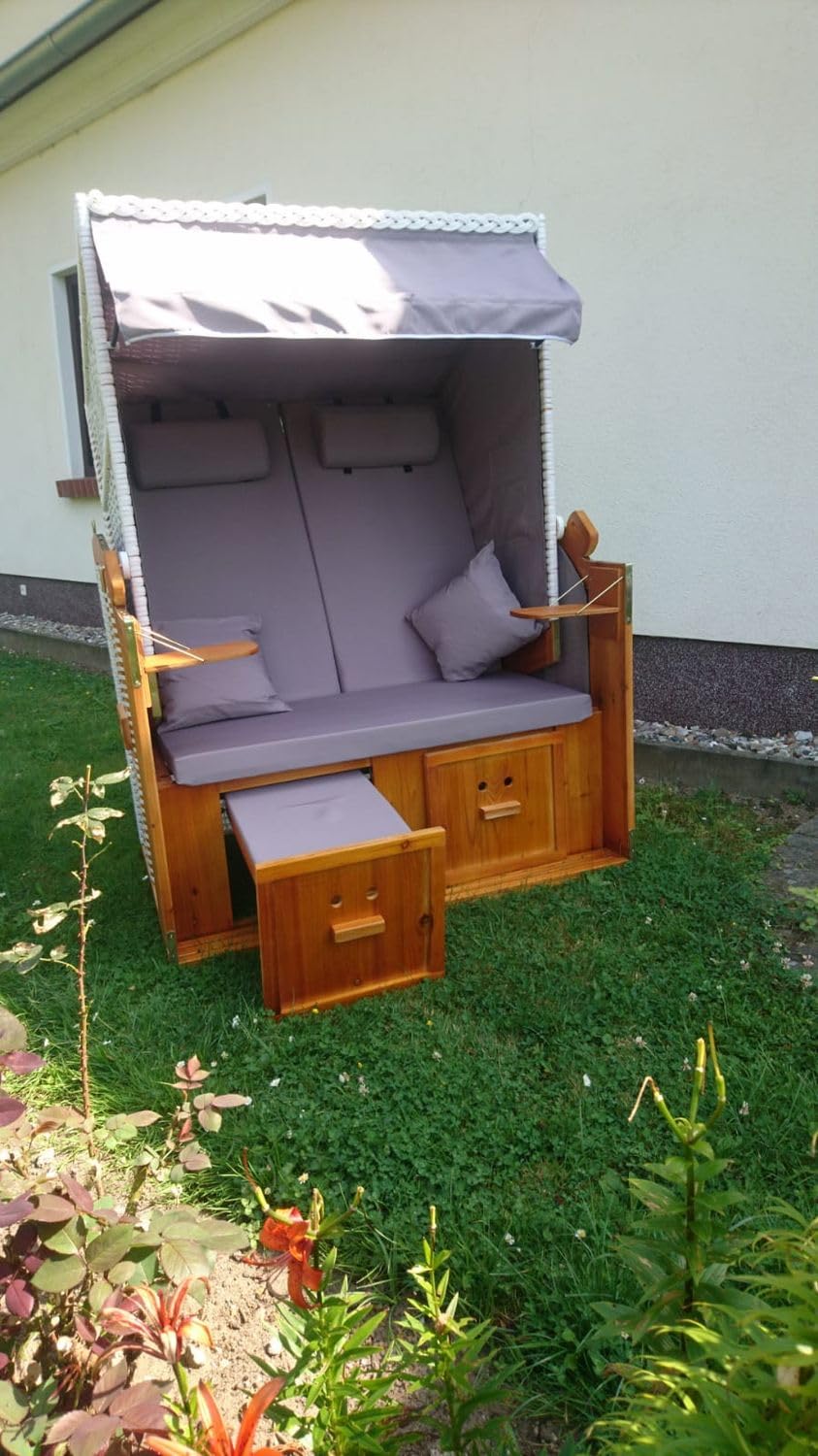 MR. DEKO® Fauteuil-cabine de plage Baltique 2 places | polyéthylène tressé blanc, avec housse gris uni | avec 4 coussins et table pliante - Chaise de plage réglable - En bois dur avec repose-pieds -
