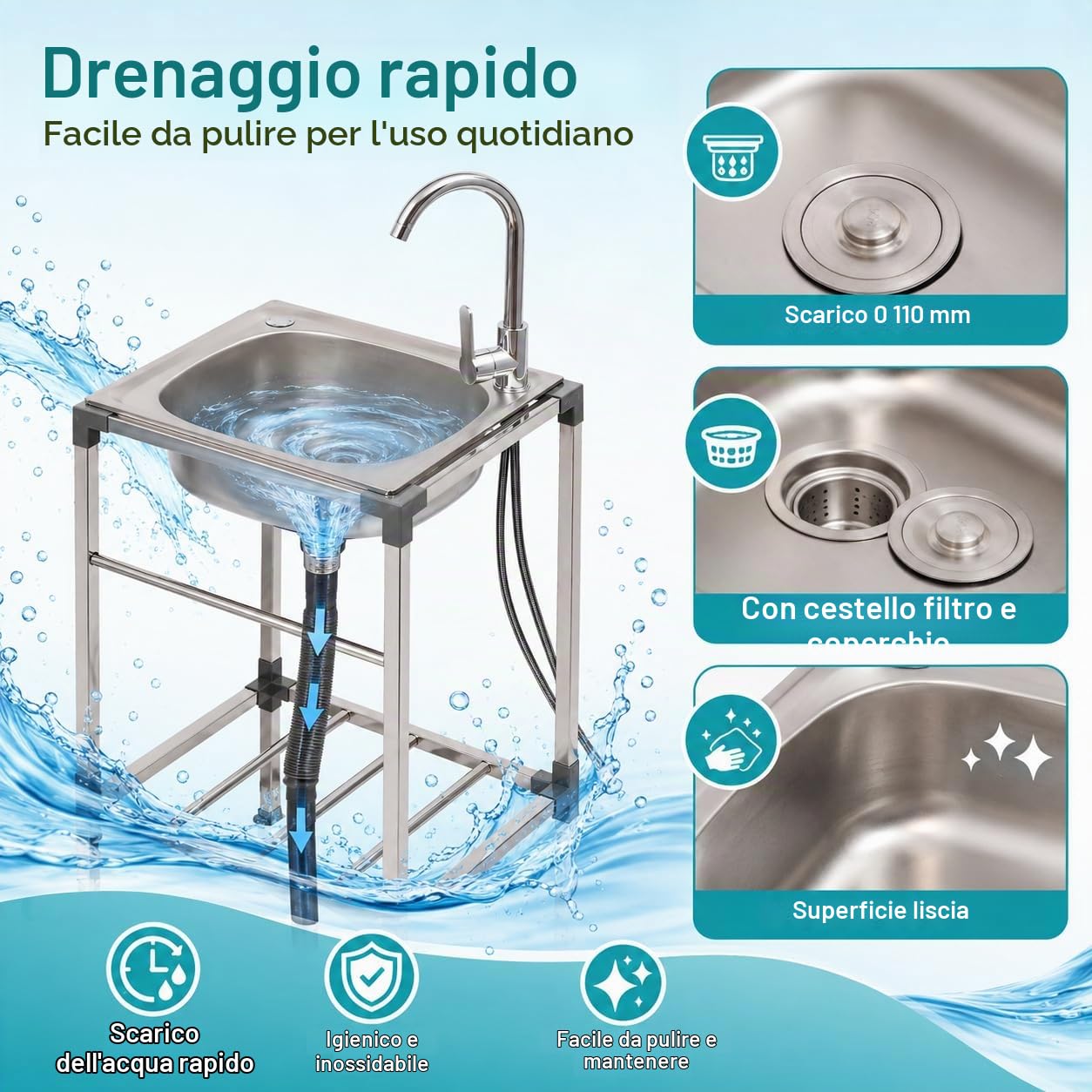 Lavello autoportante in acciaio inox con 360°Rubinetto 42x37x83CM | Portata 60KG, in acciaio inox, per esterni, giardino, campeggio, camper, cortile, fattoria
