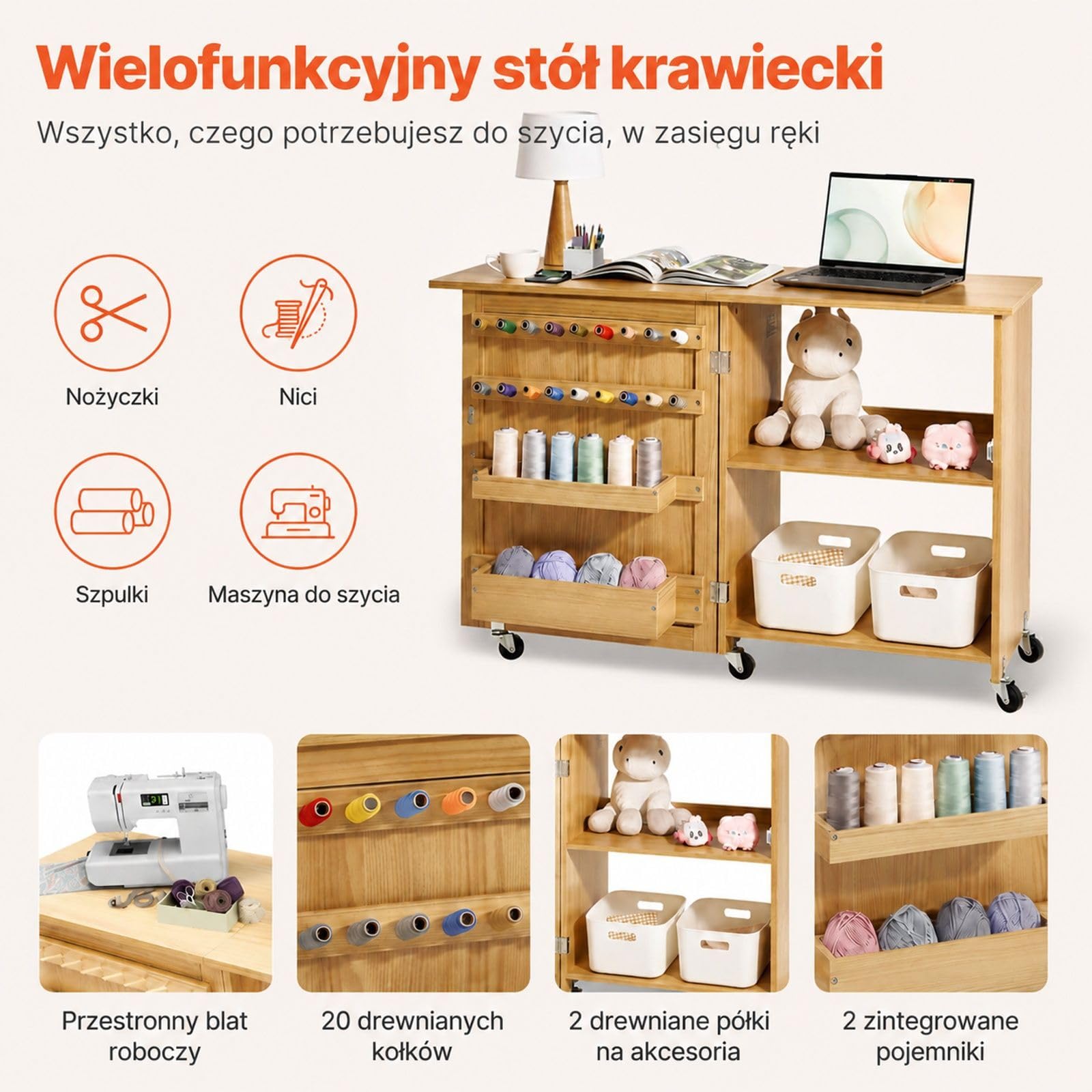 Składany stół do maszyny do szycia z kółkami, półkami, schowkami, drewnianymi kołkami i magnetycznymi drzwiczkami, MDF i PB, naturalny kolor drewna