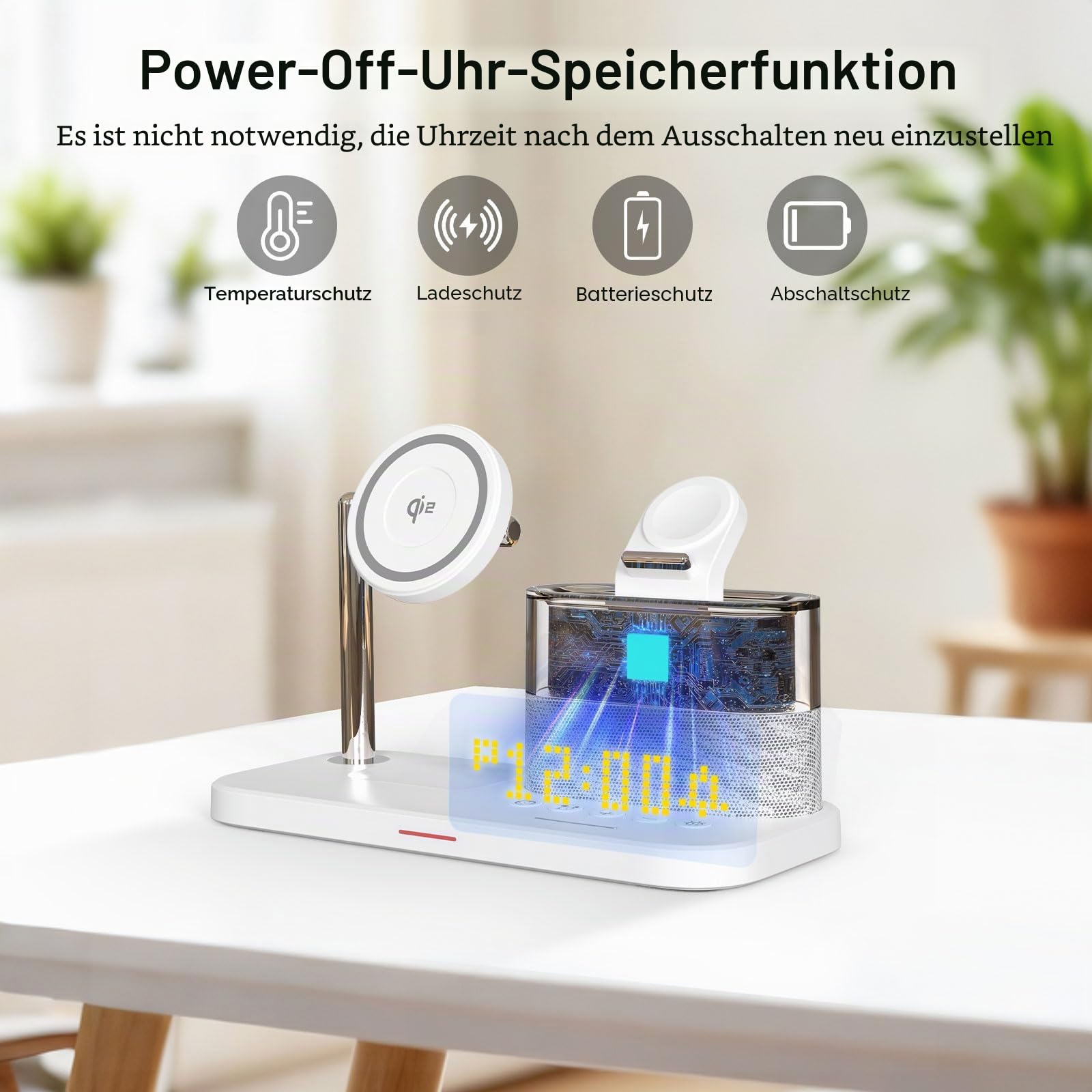 5-in-1-Kabellader mit Wecker, kabellose LadeStation mit Nachttischlampe kompatibel mit iPhone 17 16 15 14 13 12 Pro Max, kompatibel mit Apple Watch und Earbuds, Enthält einen 33W-Adapter Weiß