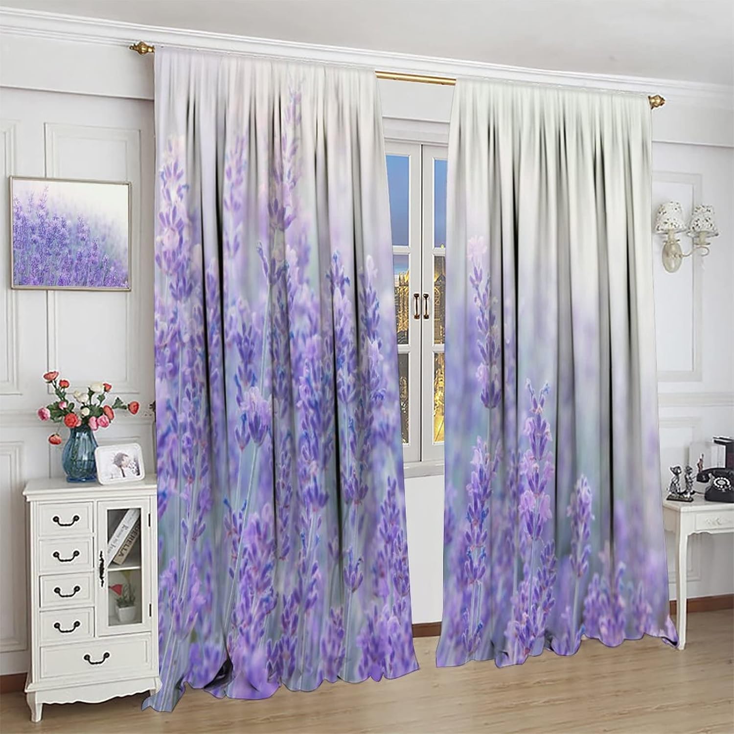 Lavender Blackout Curtain, Purple Floral Window Curtains Thermal Insulated Drapes Rod Pocket for Bedroom Dining Room Living Room Kitchen Cafe 2 Panels 42x45 in
