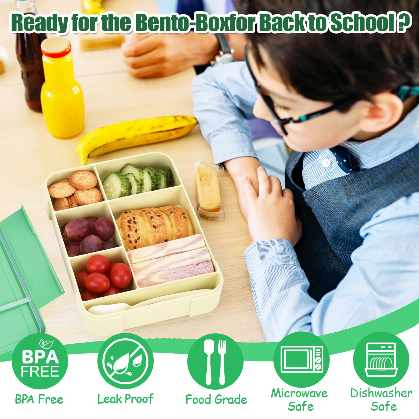 MQVXT Lunch Box Enfant,Boite à Repas 1330ML Avec 5 Compartiments,Enfant Adulte Bento Box,Bento Lunch Box Sans BPA,Anti-Fuite Boîte à Repas Pour Le Pique-Nique,L'école,Le Travail (Vert