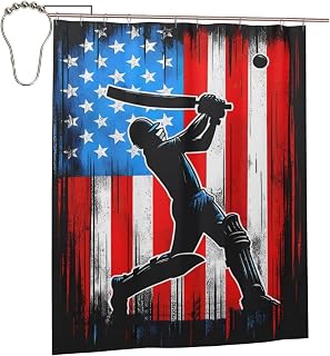 2024 USA Cricket American Flag Shower Curtain Waterproof Shower Curtains for Bathroom Decor Bathtub with 12 Metal Hooks 60x72 Inch