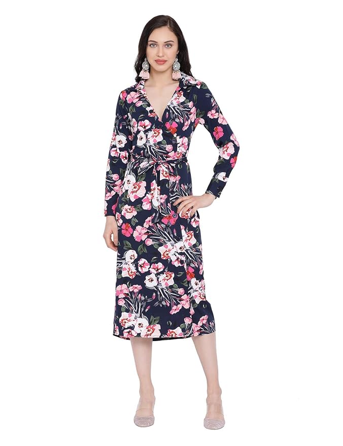 Oxolloxo Women's V-Neck Full Sleeve Floral Dress (Multicolour, Medium)