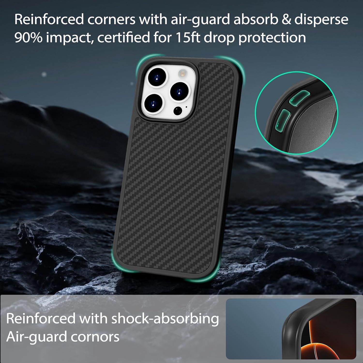 Belemay Shockproof Case for iPhone 16 Pro, Compatible with MagSafe, Lightweight Protective, Military-Grade Drop Protection, 600D Aramid Fiber & Grippy TPU Bumper with Air-Cushioned Corners, Black - Image 3