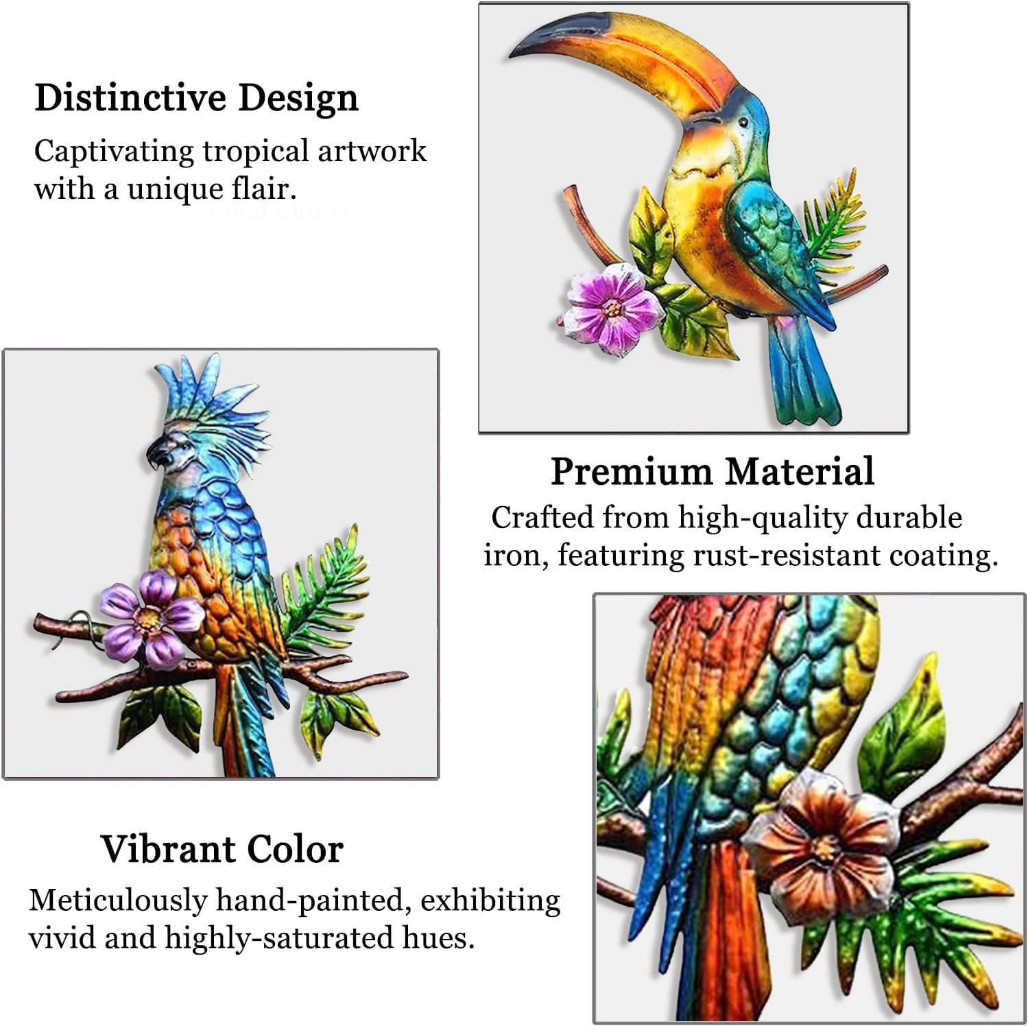 Voumsil 3 PCS Metal Birds Wall Decor Parrot Toucans Tropical Wall Art Outdoor Wall Sculpture for Patio Balcony Garden Fence Wall Decor for Bedroom Living Room Indoor Wall Hanging
