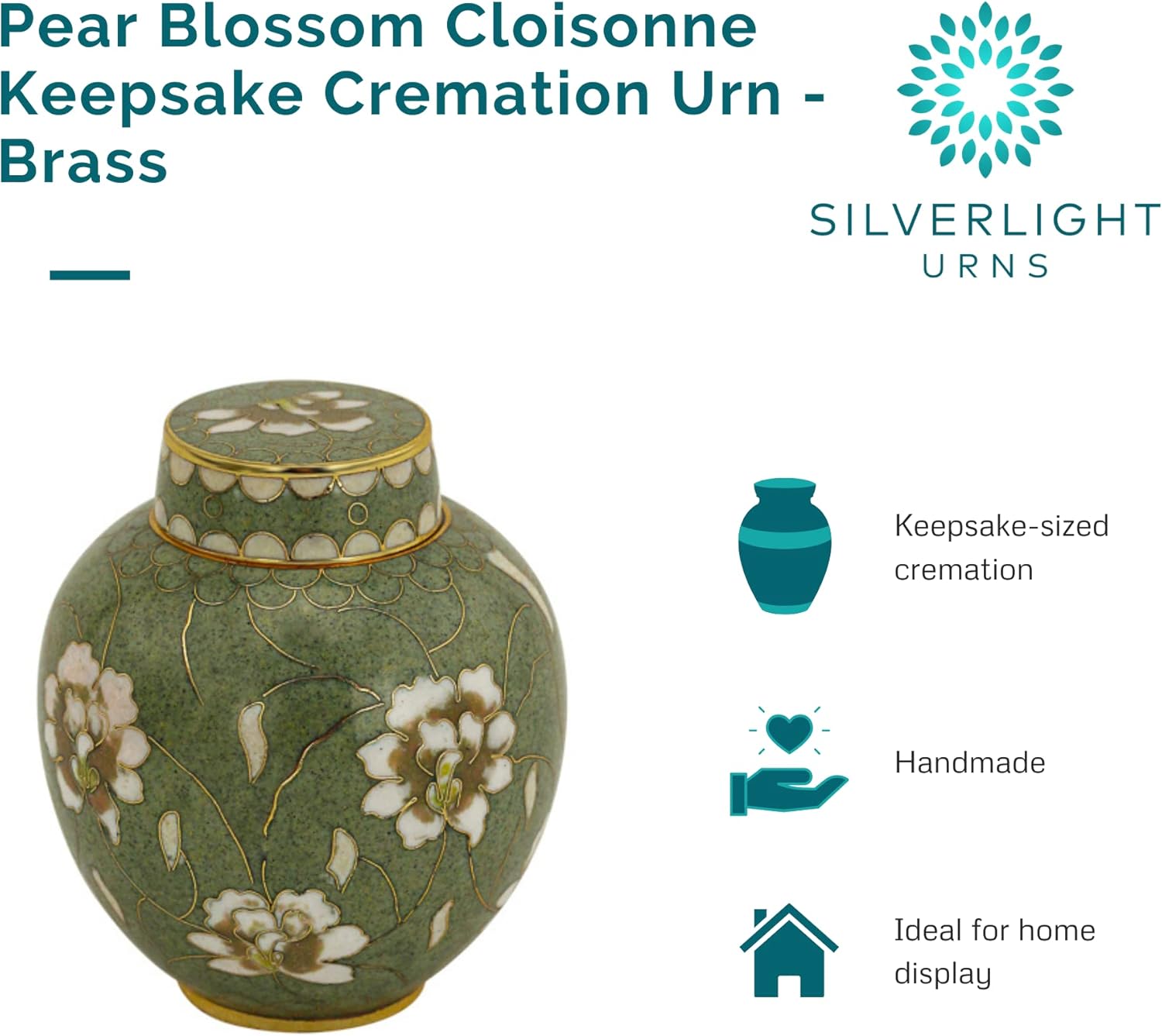 Pear Blossom Cloisonné Keepsake Cremation Urn – Handcrafted Metal Memorial Urn for Ashes, Green Enamel Floral Design, Small Keepsake Size, 7 cu/in Capacity