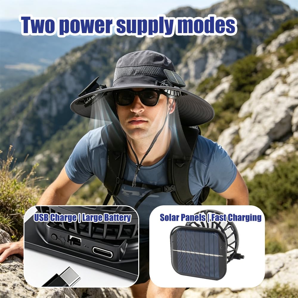 Chapeau de Soleil, Chapeau de Pêche avec 2 Ventilateur Solaire, Chapeau de Fan Solaire à Bord Large, Générique Chapeau de Fan Solaire pour Activités de Plein Air comme la Randonnée Jardinage