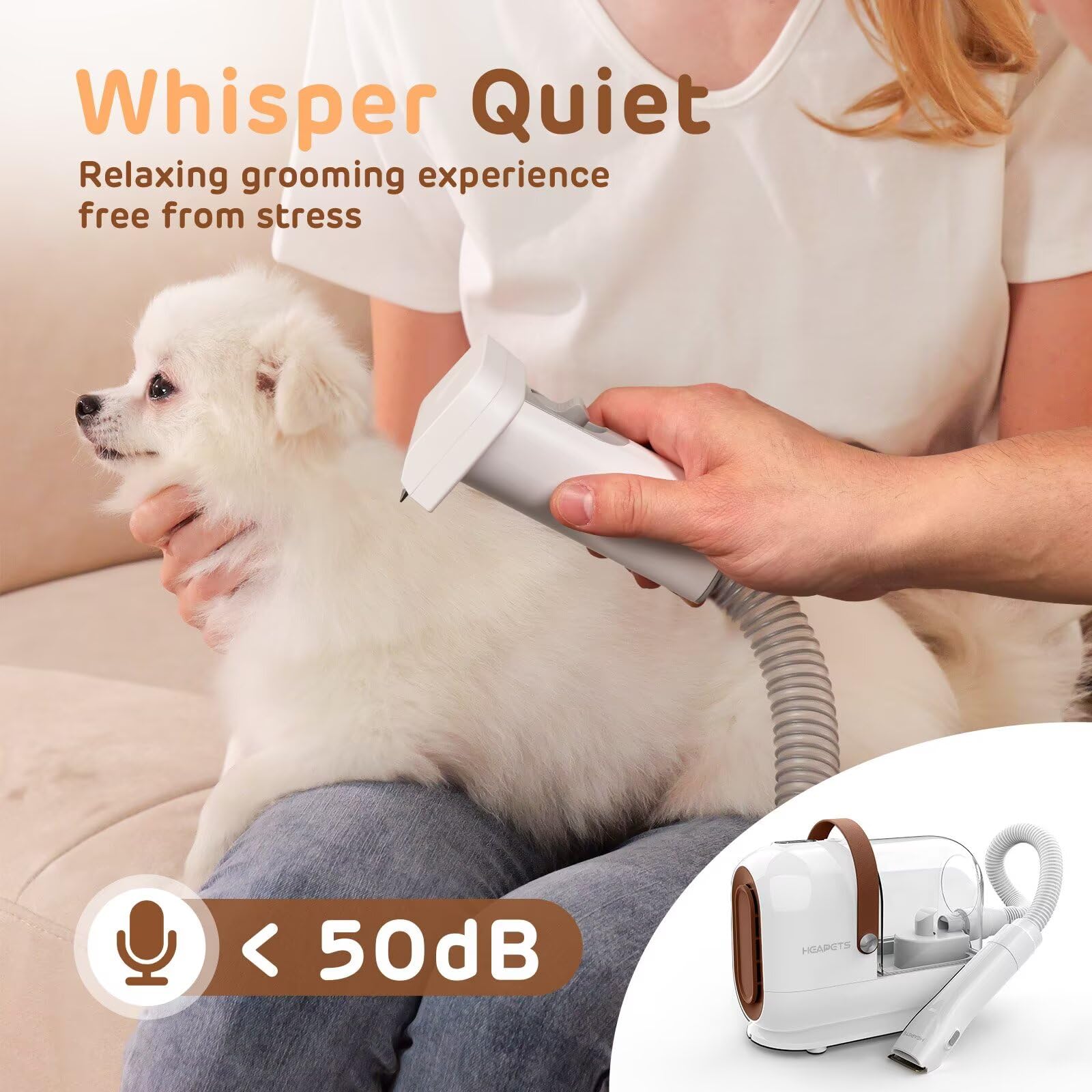 HEAPETS Kit di aspirapolvere per la toelettatura del cane, aspirapolvere da 3 litri con 7 strumenti, tosatrice elettrica a basso rumore e spazzola per spargere animali domestici a casa, bianco
