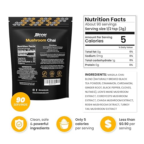Miniatura 2 de Inner Elevate Mushroom Chai - La mejor alternativa al café - Bebida de té de hongos adaptogénica con melena de león, cordyceps, chaga, reishi, cola