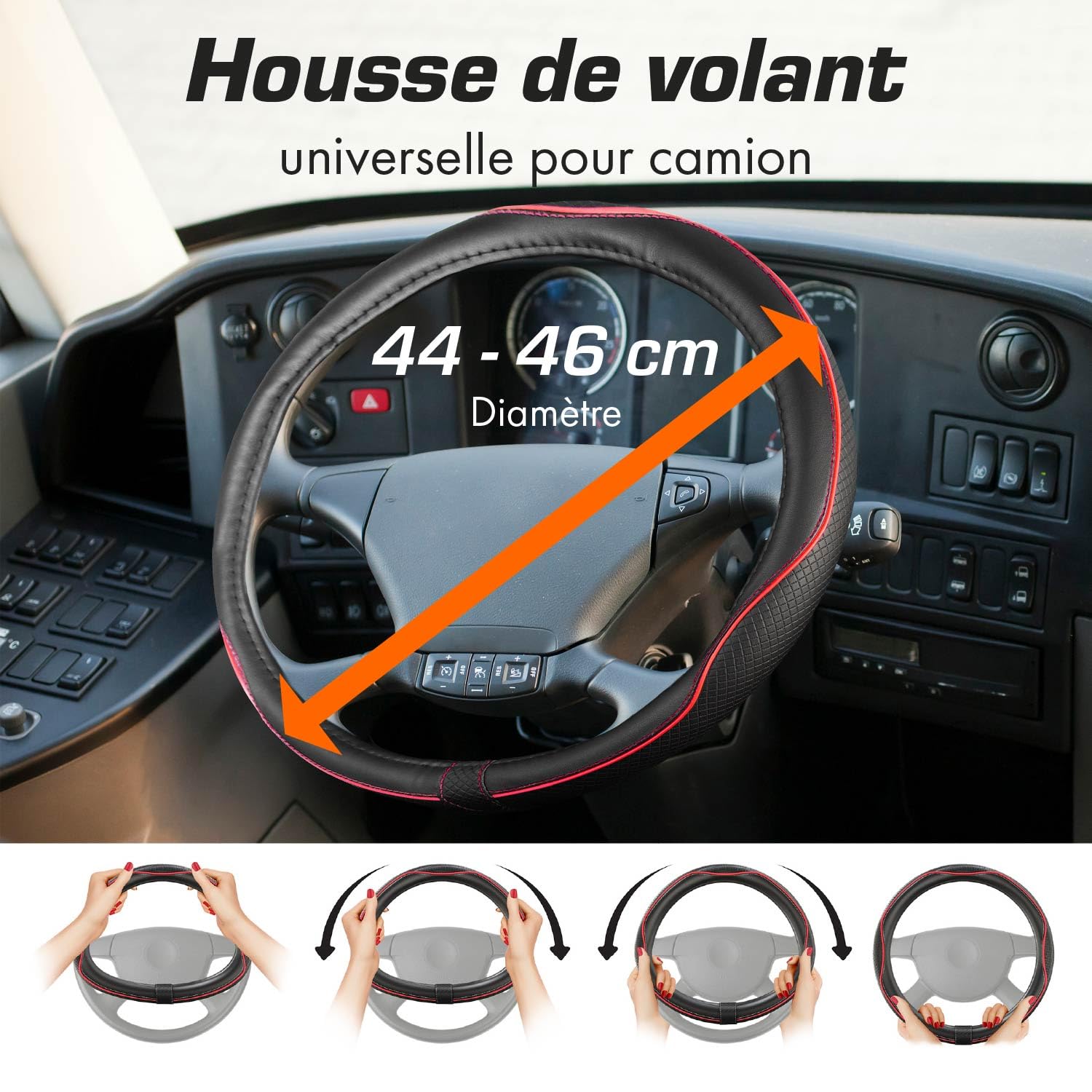 Upgrade4cars Couvre Volant Camion 44-46 cm Noir Rouge Simili Cuir | Housse de Protection Furgon Taille Universel | Accessoires Voiture Decoration Interieur Protege