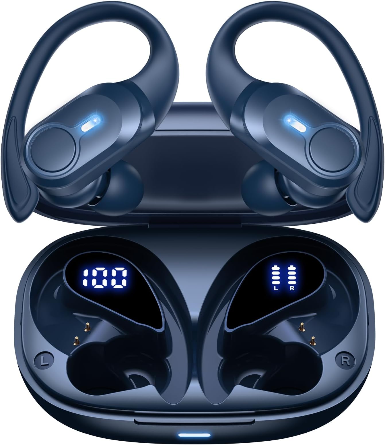 Wireless Earbuds Bluetooth Headphones 70hrs Playback Ear Buds IPX7 Waterproof Wireless Charging Case & Dual Power Display Over-Ear Stereo Bass Earphones Earhooks for Sports/Workout/Running Blue