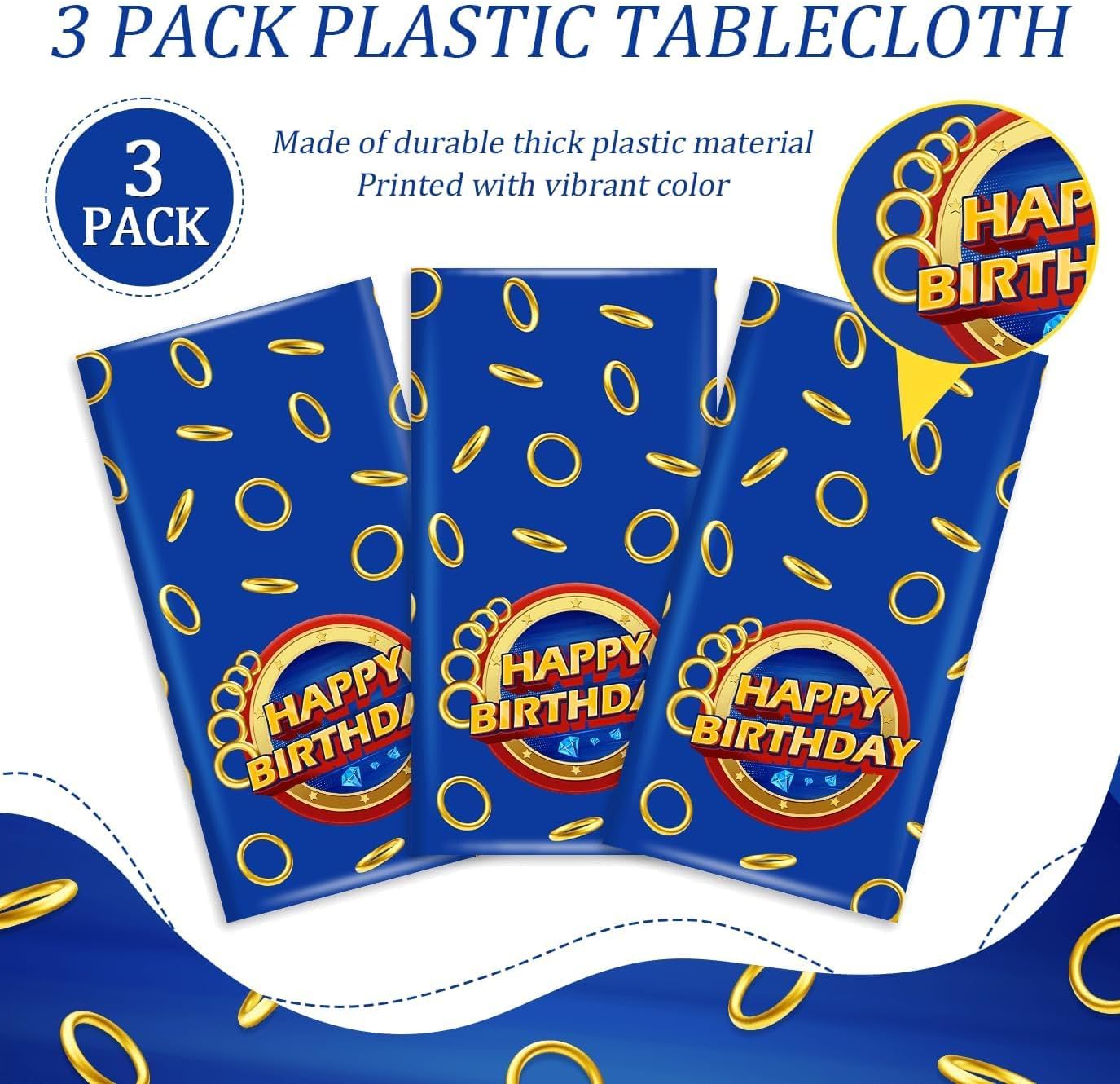 Blue Gold Ring Print Birthday Party Disposable Tablecloths for Boys, 3pcs