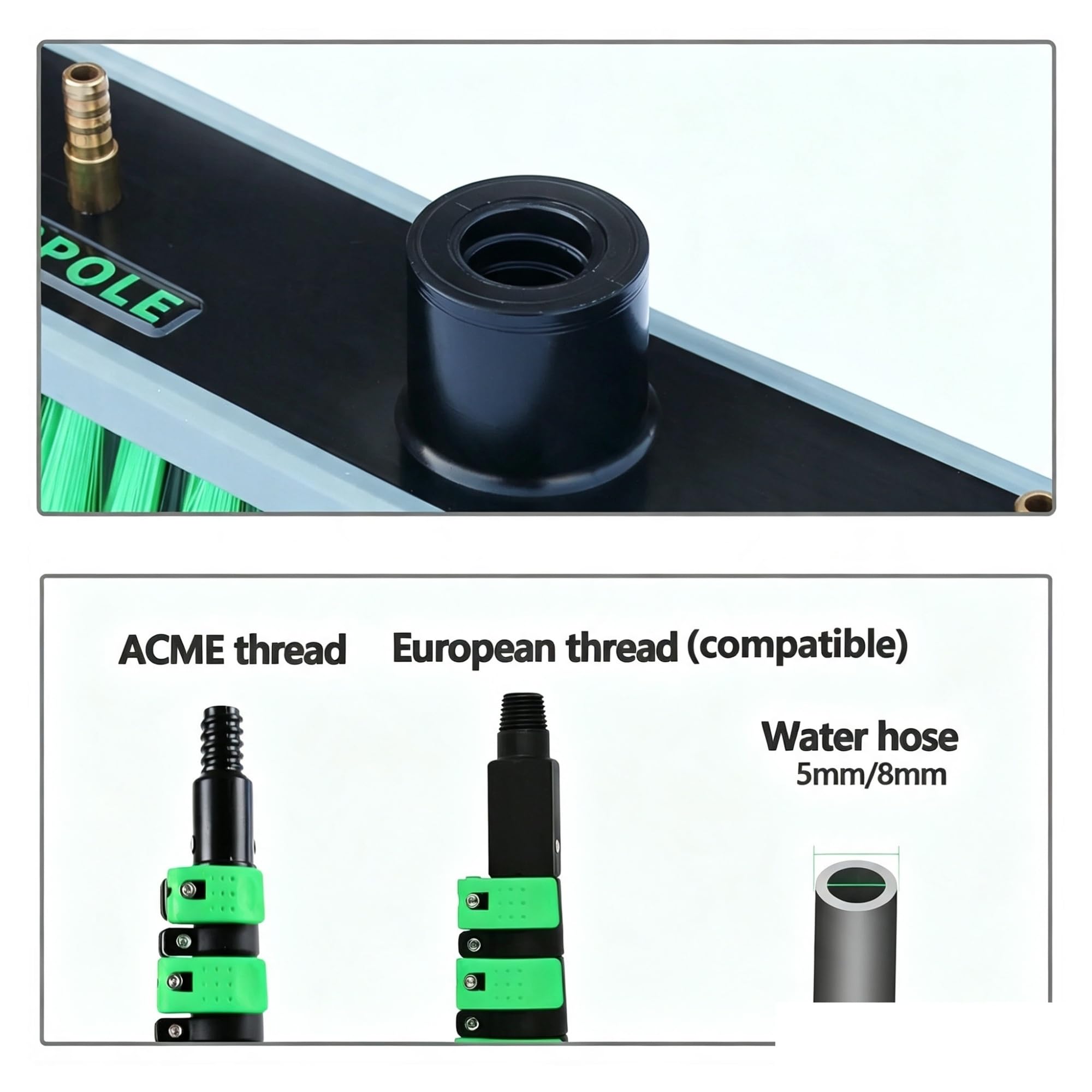 Accessorio for la pulizia del pannello solare con testina for finestre alimentata ad acqua con flusso passante | Bordo in gomma morbida, setole in PET, doppia filettatura ACME e Germania