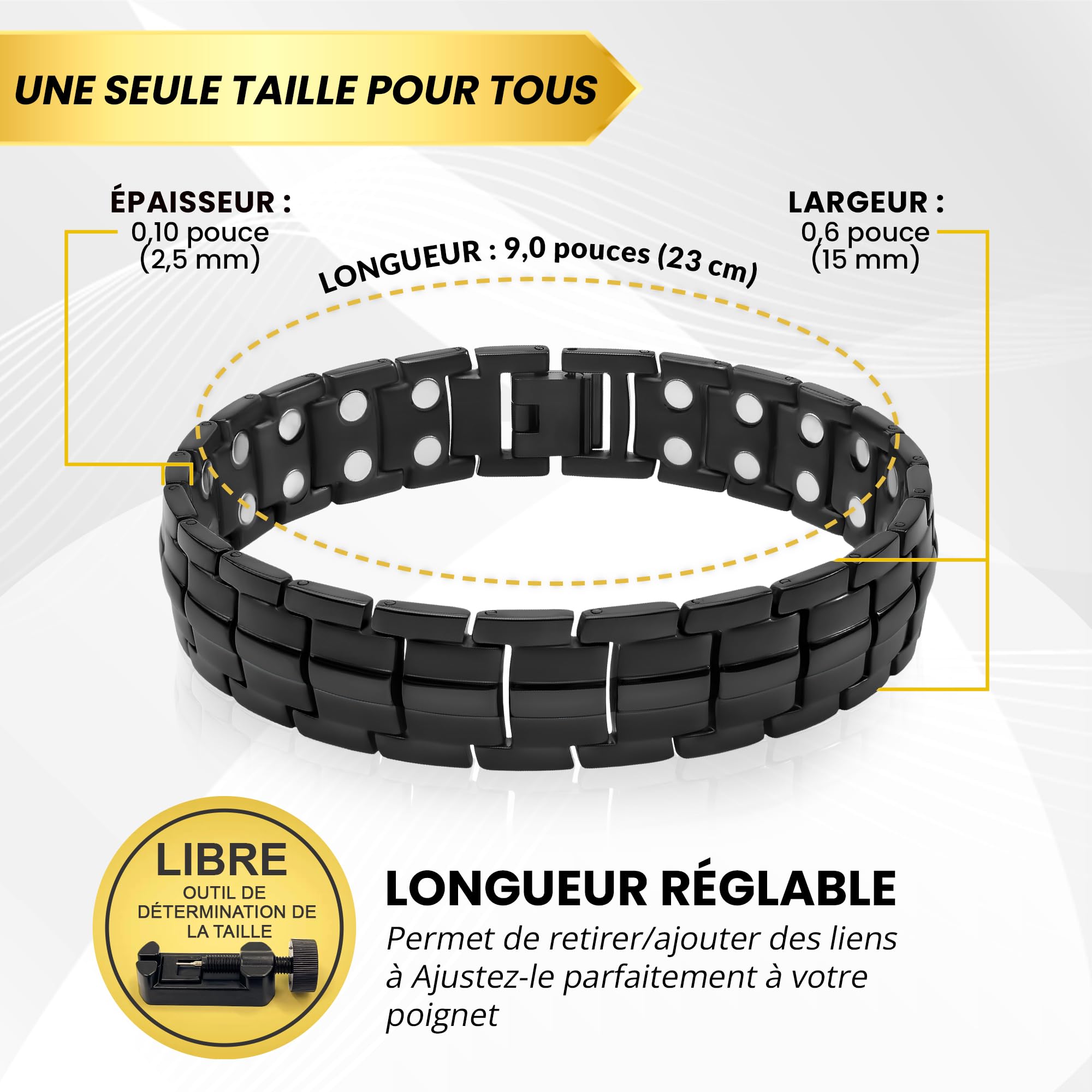 MagnetRX® Bracelet Pour Homme - 48 Aimants Puissant (3500 GAUSS Par Aimant) BijouAimanté Acier Inoxydable Ultra-Résistant - Longueur Réglable Avec Outil De Dimensionnement (Noir)