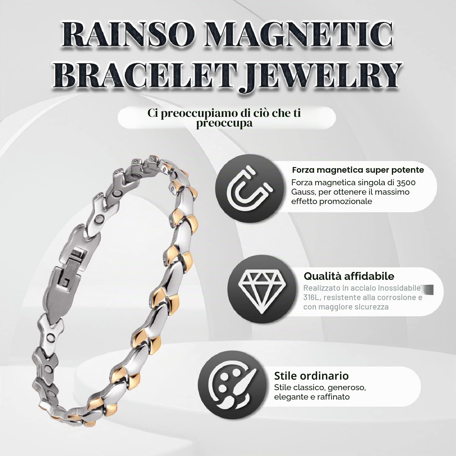 Rainso bracciale da donna in titanio con forti magneti, in sacchetto regalo + strumento per la rimozione in omaggio