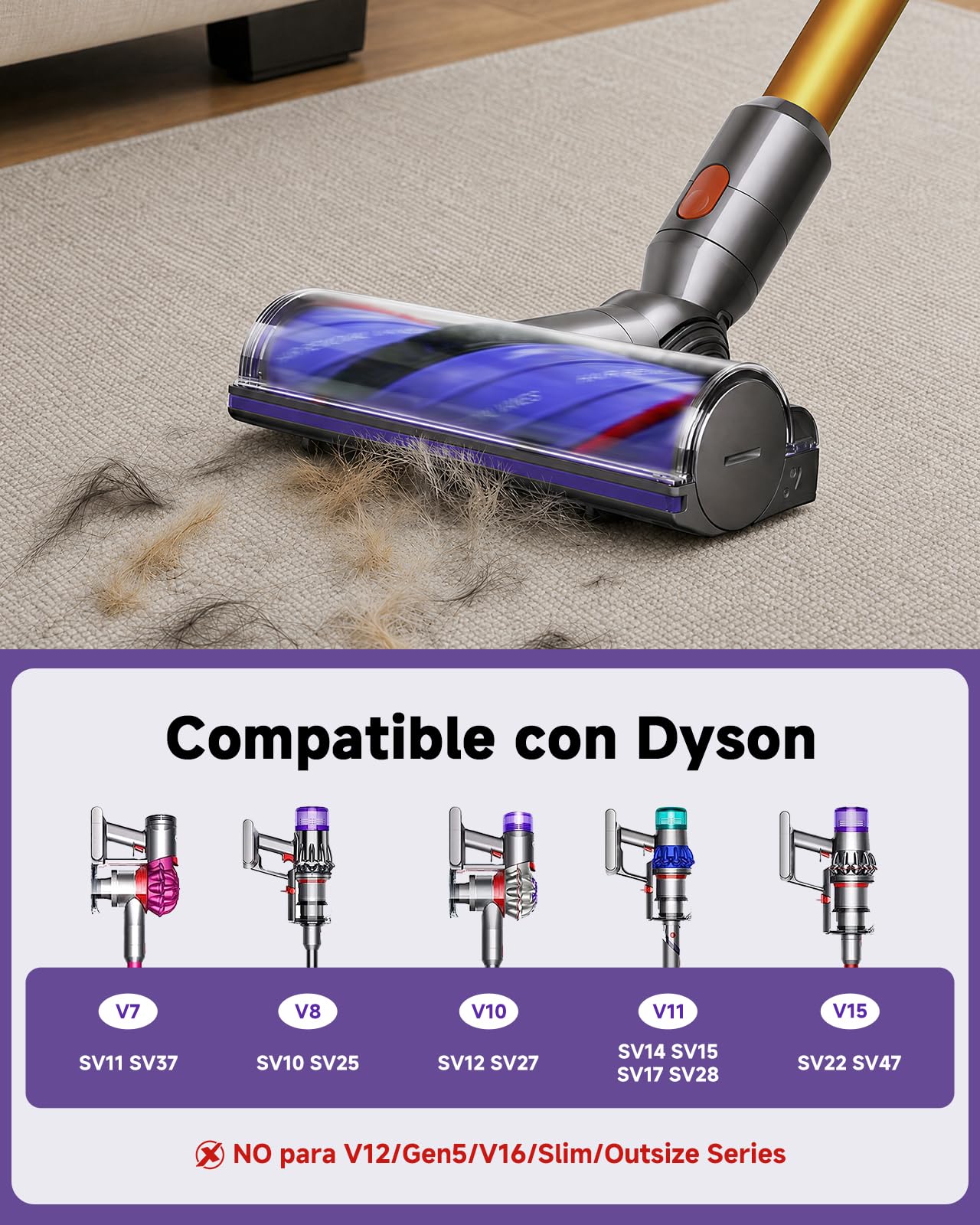 Cepillo Motorizado Anti-Enredos para Dyson V7 V8 V10 V11 V15 – Cabezal de Recambio con Transmisión Directa, Accesorio Turbo para Suelos Duros, Compatible con SV10 SV11 SV12 SV14 SV15 | Cepillo Motorizado para Dyson V7 V8 V10 V11 V15 Aspiradoras