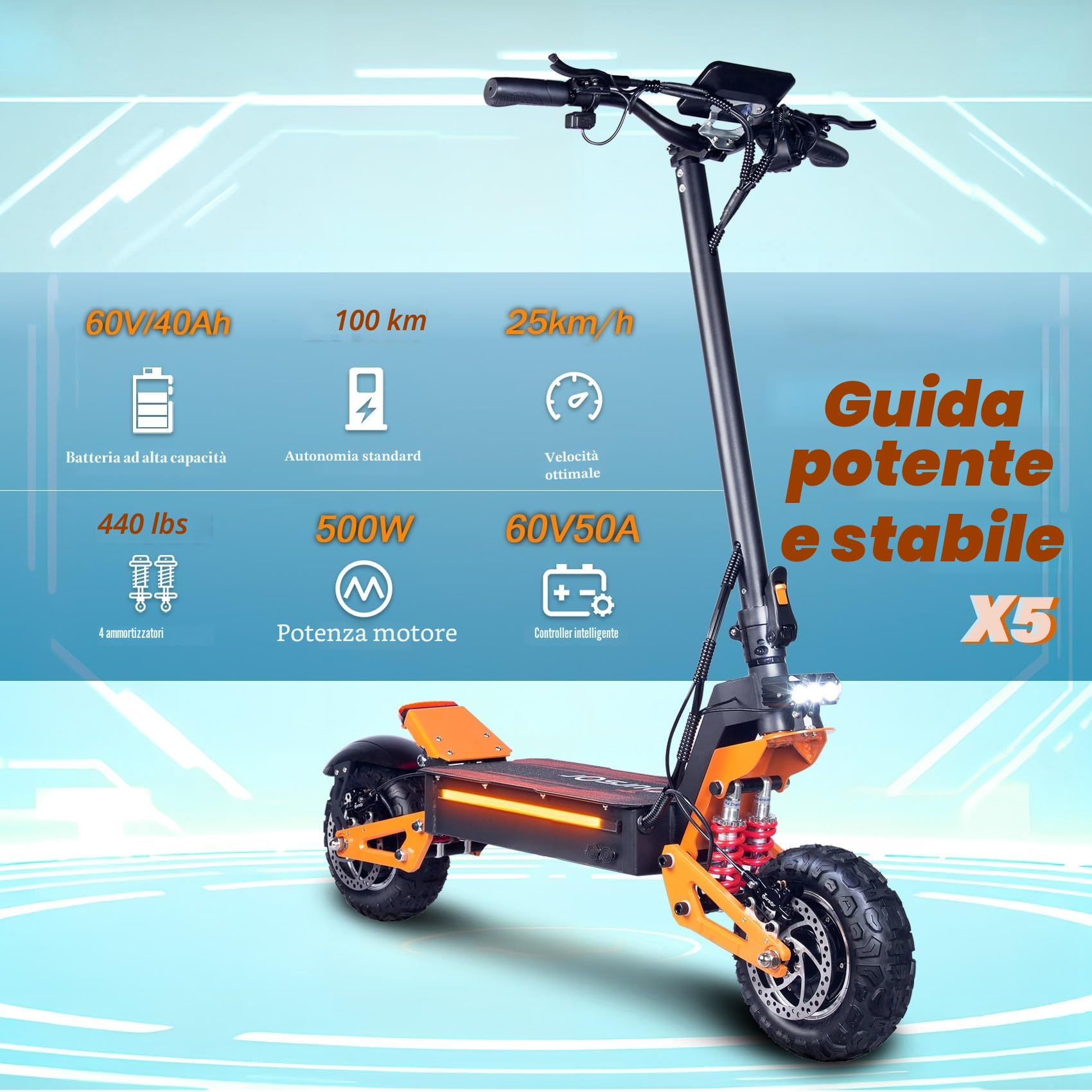 HWH Monopattino Elettrico Fuoristrada Adulto Potente Senza Patente E Scooter Adulti Pieghevole 11 Pollici Doppio Motore Batteria agli ioni di litio 60V40AH Autonomia 100KM