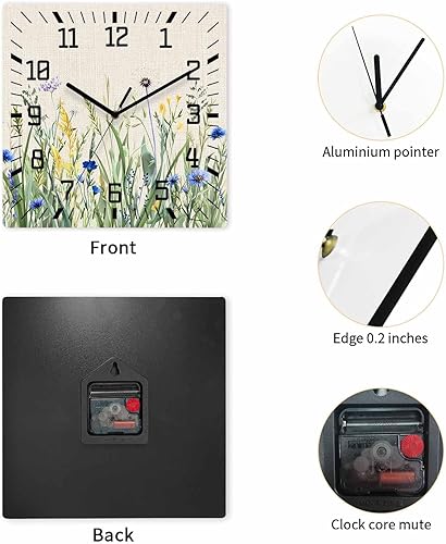 Miniatura 2 de Reloj de pared de madera con flores botánicas, silencioso, sin tictac, acuarela, flores, hierbas, granja, retro, cuadrado, funciona con pilas, reloj