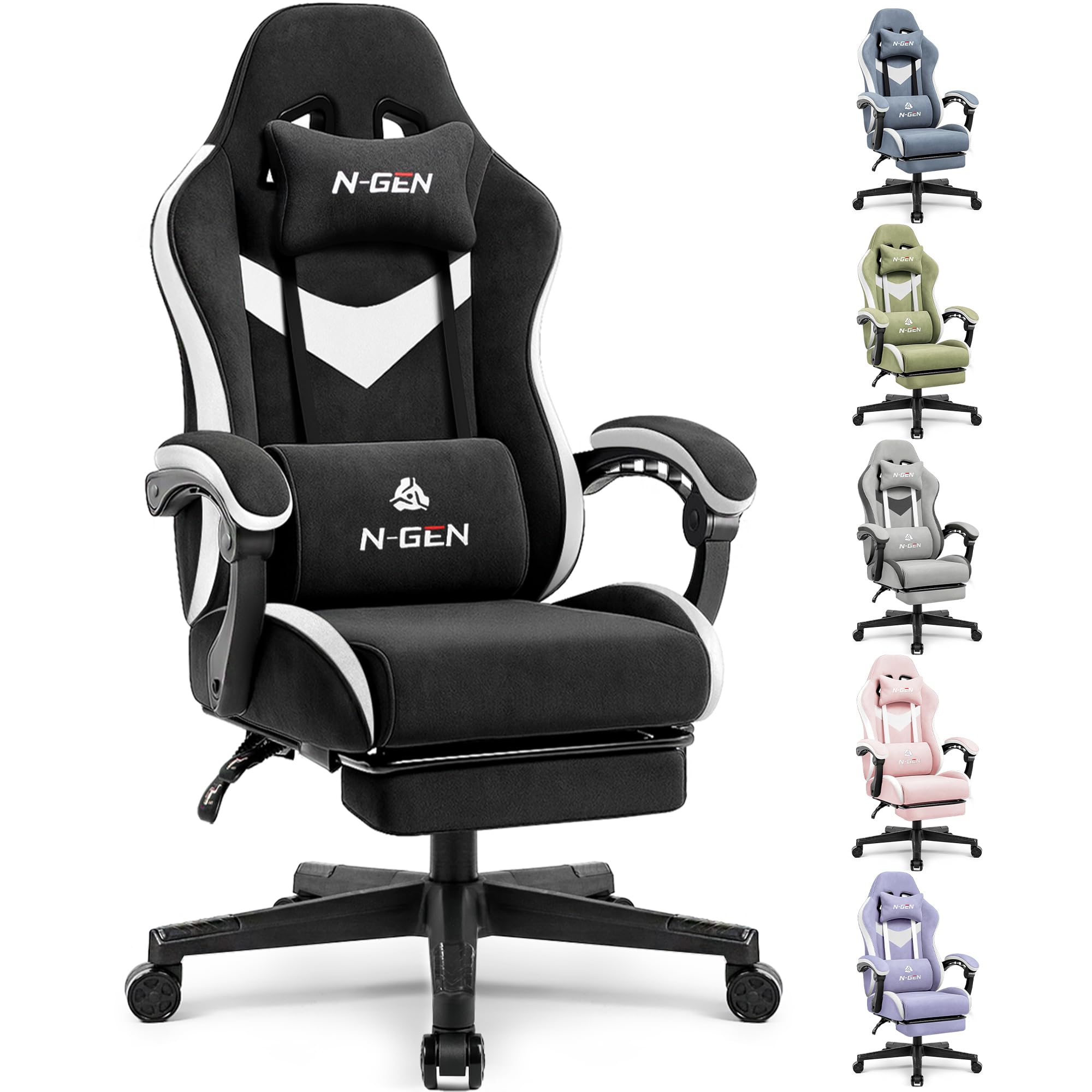 n-gen gaming video gaming chair office computer desk use ergonomic reclining backrest adjustable armrests lumbar support footrest high density foam breathable fabric heavy duty base black