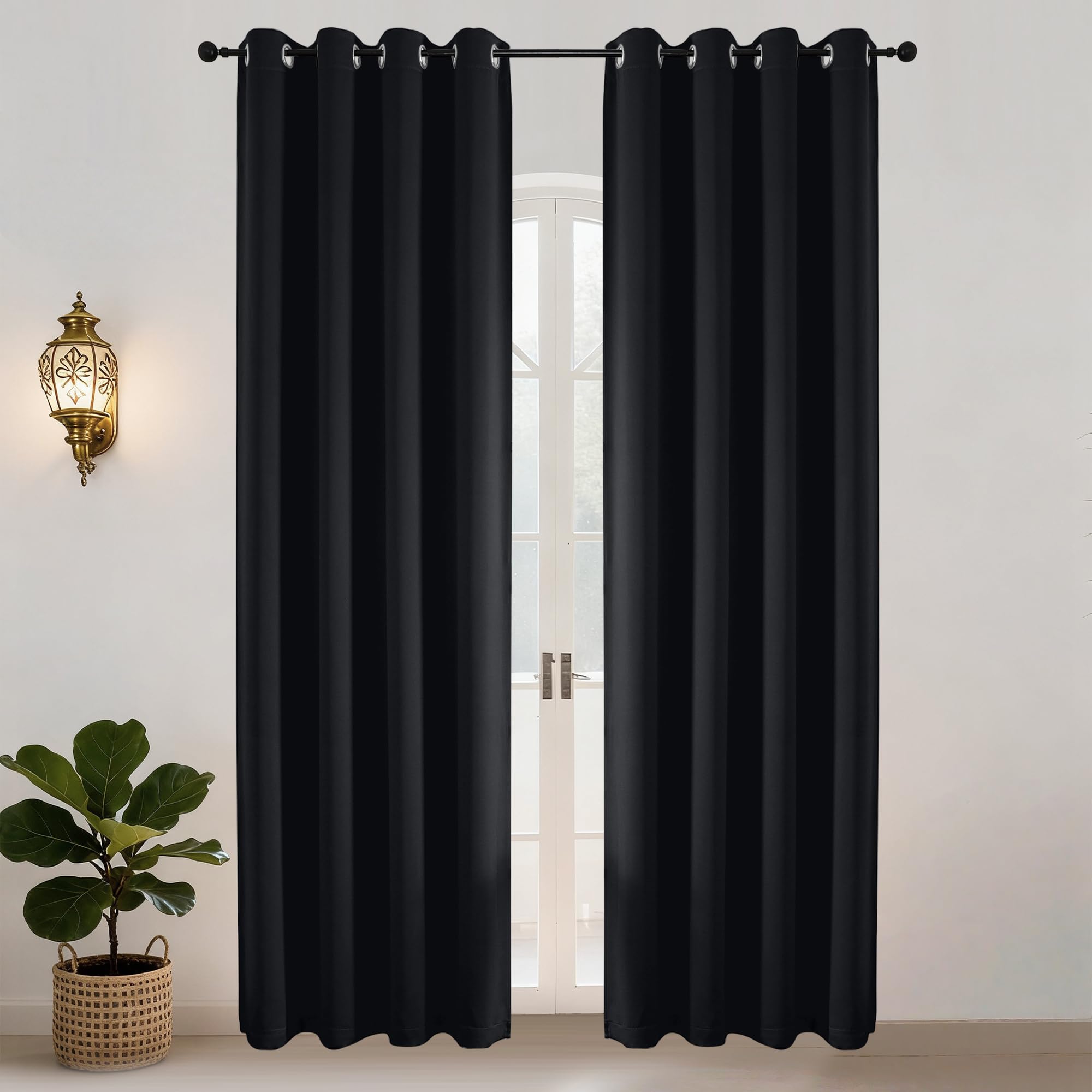 Simplebrand Ava Blackout Eyelet Curtains for Living Room 245 cm Long 2 Panels, Solid Thermal Insulated, Energy Saving Living Room Window Treatment Curtains Black Drapes, W 140 cm x L 245 cm