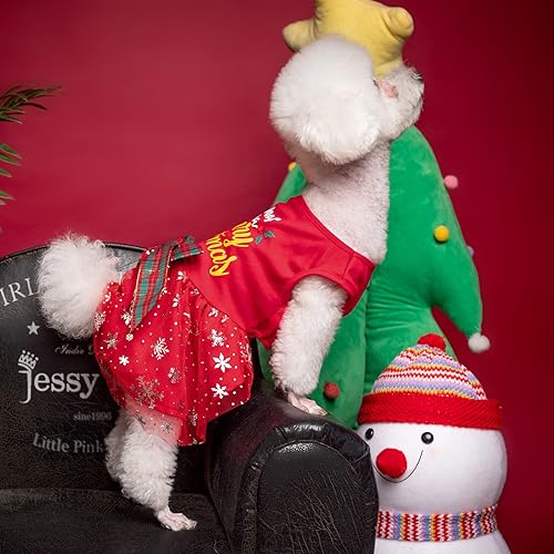 Miniatura 6 de PUPTECK Vestido de Navidad para perro, disfraz de cachorro, ropa para perros pequeños con falda de lazo, pijama Rojo (Navidad)
