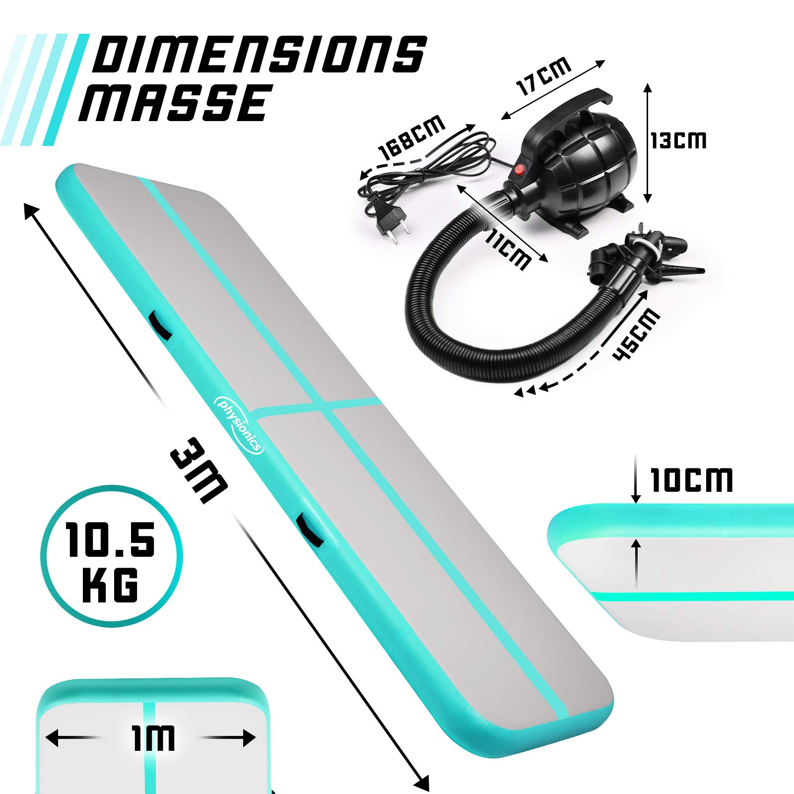 Physionics® Air Matte Track - 3/4/5/6/7/8 m, aufblasbar, mit elektrischer Luftpumpe, Farbwahl - Turnmatte, Gymnastikmatte, Tumbling Matte, Trainingsmatte, Fitnessmatt, Yogamatte