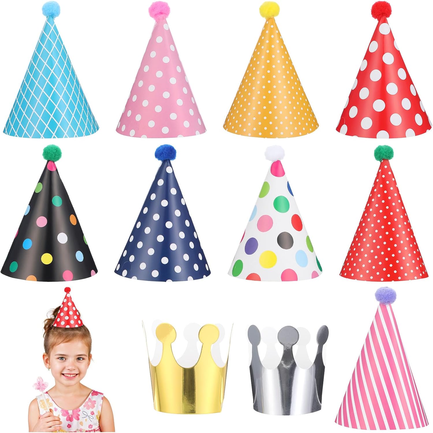 Bremorou 11 Pcs Party Hats Birthday Pastel Themed Mini Party Hats Set Includes Adorable Parties Cone Hat with Pom Poms and Gold Crown Hat Paper Crowns Colorful for Pet Adult Birthday Parties Decor