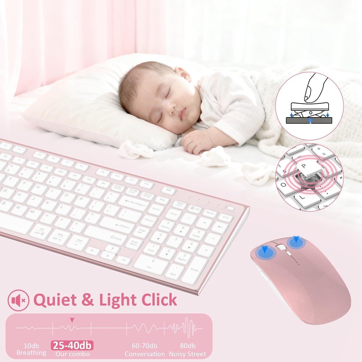 Wireless Keyboard and Mouse, GALENMORO Silent Quiet Combo Low Profile USB C Full Size Compact with Number Pad Flat Soft Touch Cordless for Mac Computer PC Laptop MacBook iMac Office - Pink Rose Gold
