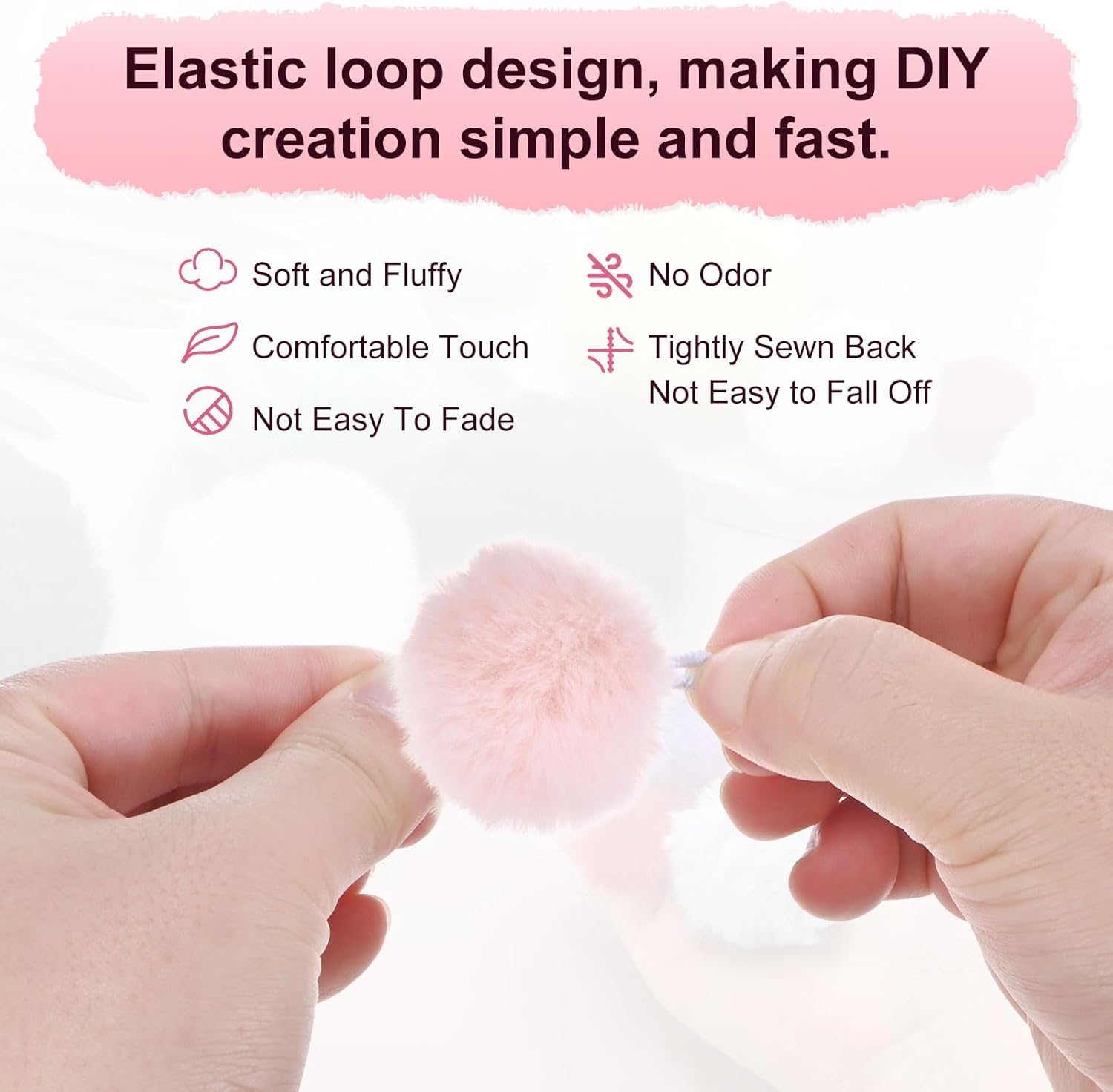 M METERXITY 25-Pack Faux Fur Pom Poms, 1.2 Inch/ 1.6 cm Soft Fluffy Pompoms Balls Faux Rabbit Fur with Elastic Loop for Hats/Bags/Keychains/Knitting Accessories/DIY Crafts [Pink] - Image 2