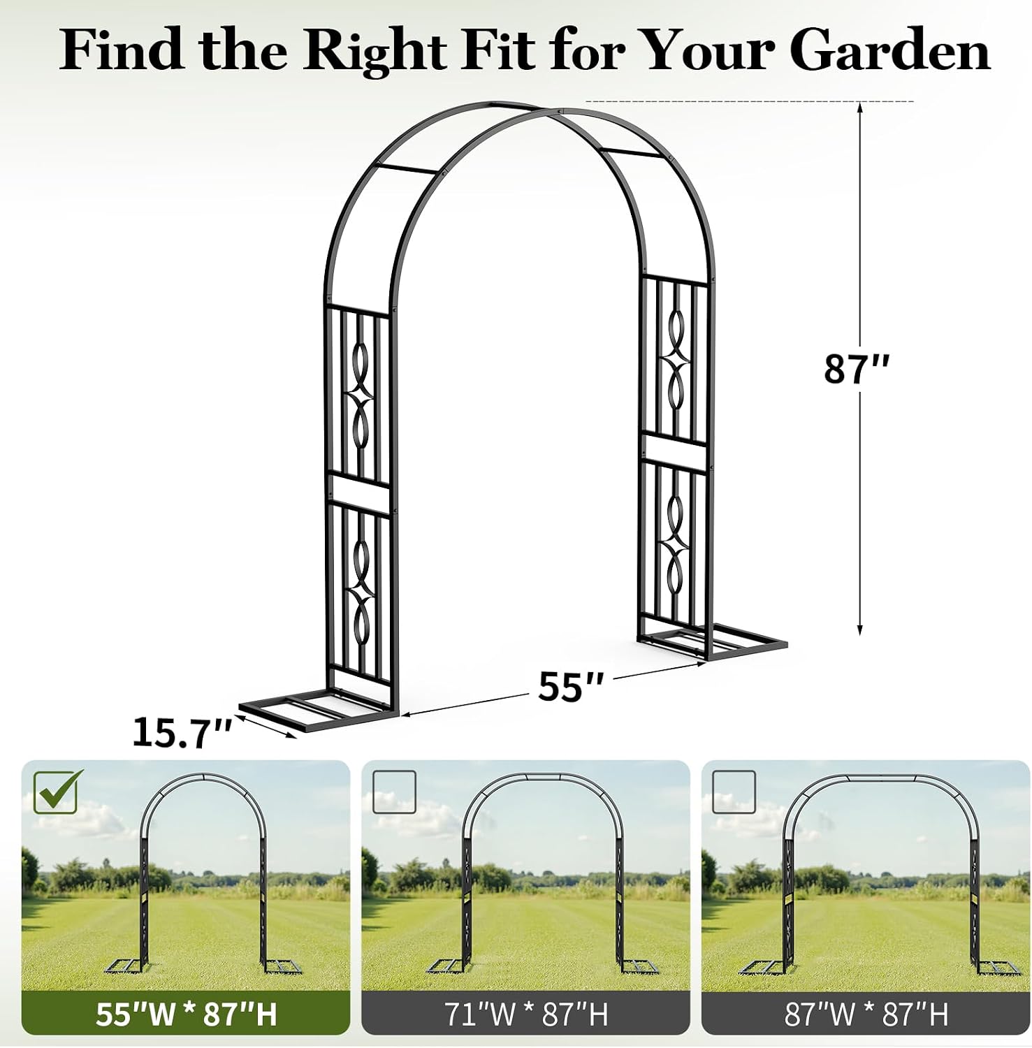 Metal Garden Arch, Heavy Duty Garden Trellis for Climbing Plants, with Enlarged Base for Stability, Ideal for Wedding Arches & Party Decorations, 55" W x 87" H