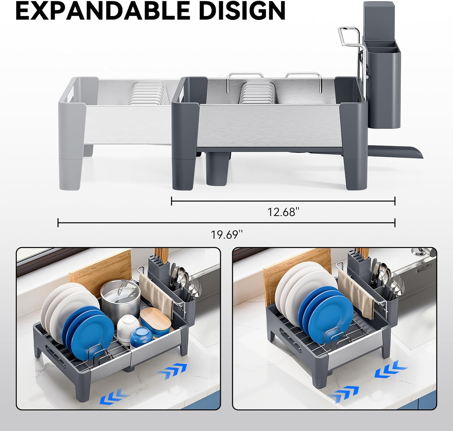 Expandable Dish Drying Rack, Stainless Steel Dish Rack with Aluminum Frame, Dish Racks for Kitchen Counter, Space Saving Kitchen Drying Rack with Movable Utensil Holder,Gray