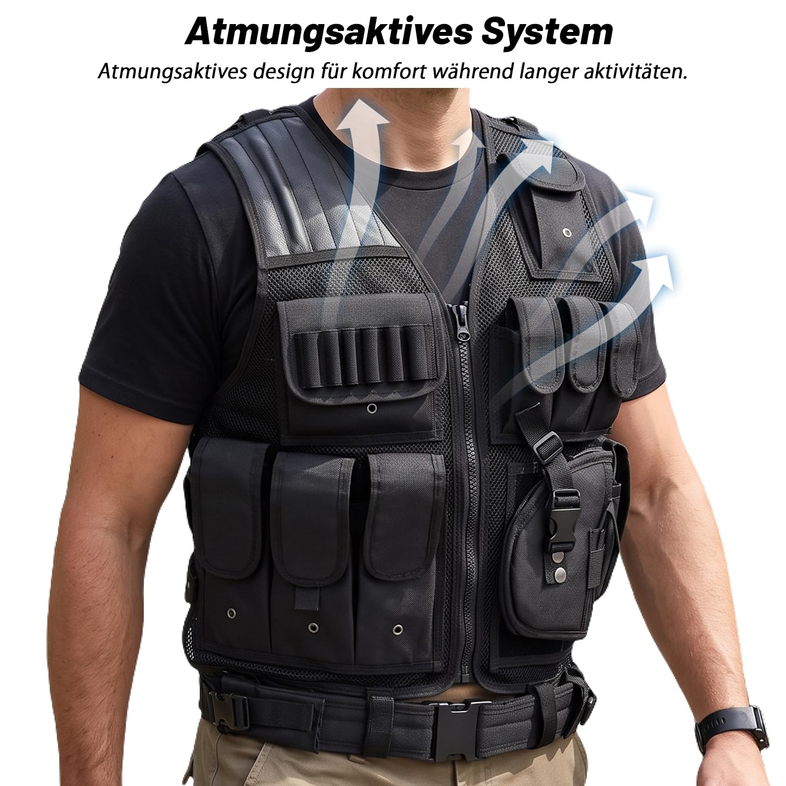2Stück Taktische Weste Herren mit Taschen, Verstellbarem Hüftgurt | Atmungsaktiv und Strapazierfähig Tactical Weste für Outdoor, Angeln, Camping(Schwarz)