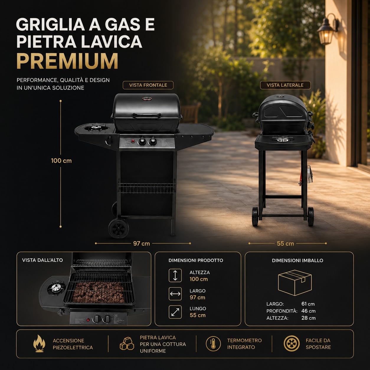 Barbecue a Gas con Pietra Lavica 2 Bruciatori + Fornello Laterale 8kW Area di Cottura 48 × 37cm Griglia in Acciaio Coperchio con Termometro e Ruote per Giardino