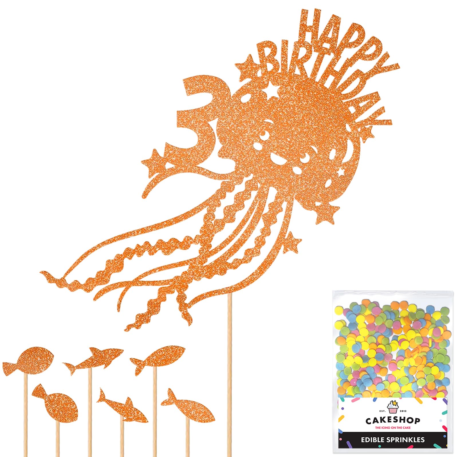 Personalised Birthday Jellyfish Glitter Cake Topper- Copper Orange Any Custom Name Glitter Cake Decoration and Sprinkles - Happy Birthday Decorations - Personalised Toppers for Cakes by Cakeshop