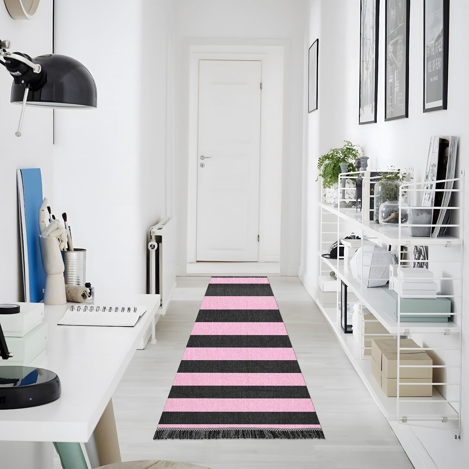Bolaz Hallway Runner Rug，Pink and Black Vertical Stripes Pattern，Long DoorMats Indoor 24"x72" Non-Slip Ultra Soft for Bedroom Bathroom Laundry Living Room