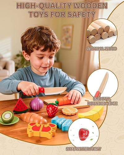 Miniatura 2 de Juego de 70 piezas de comida Montessori de madera para niños con cortar frutas, verduras, pan, carne y cajas de madera, juguetes educativos