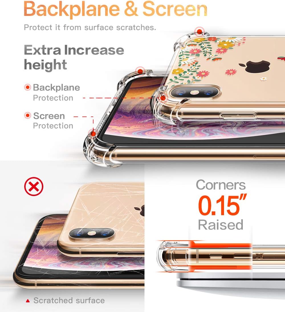 GVIEWIN Compatible for iPhone Xs/X Case, Clear Flower Pattern Design Soft & Flexible TPU Ultra-Thin Shockproof Transparent Floral Cover, Cases iPhone X/iPhone 10 (Spring Flowers/Orange)
