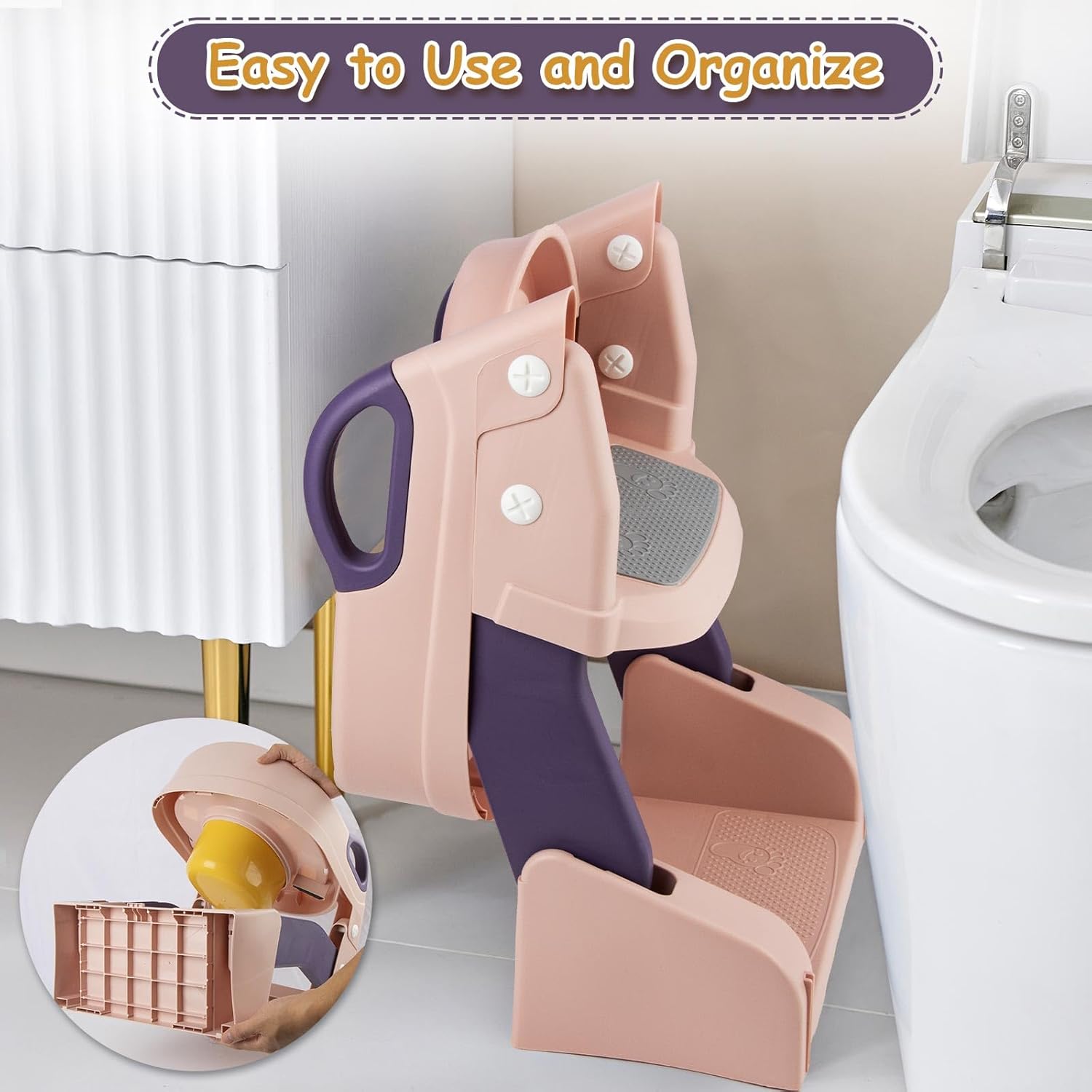 3 in 1 Toddler Potty Training Seat Chair with Ladder and Basin for Boys and Girls, Adjustable Kids Potty Training Seat for Toilet with Anti-Slip Wide Steps and Safety Handles (Pink)