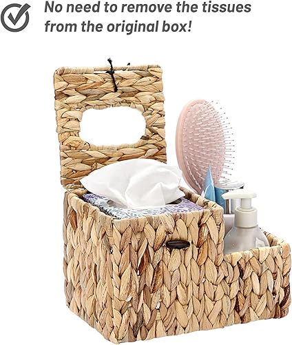 Miniatura 7 de Sumnacon Cubierta cuadrada para caja de pañuelos, cubo decorativo de mimbre con organizador lateral, soporte de pañuelos de jacinto de agua rústico