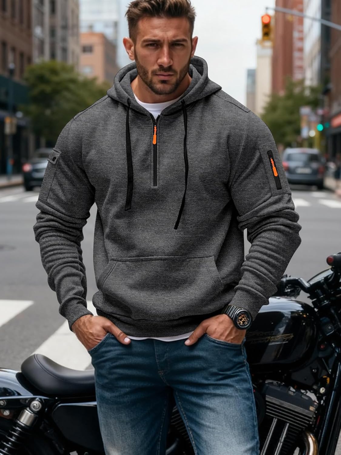 Men's Fleece Workout Athletic Pullover Hoodie Long Sleeve Basic Quarter Zip Pullover Sweatshirt with Kanga Pocket - Image 5