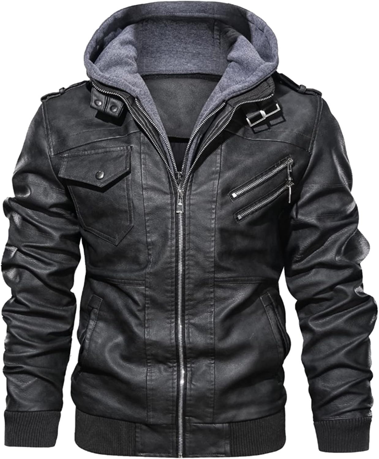 Ymosrh Men's Leather Bomber Jackets Casual Motorcycle Jacket Faux with Hood Jacket, M-3XL