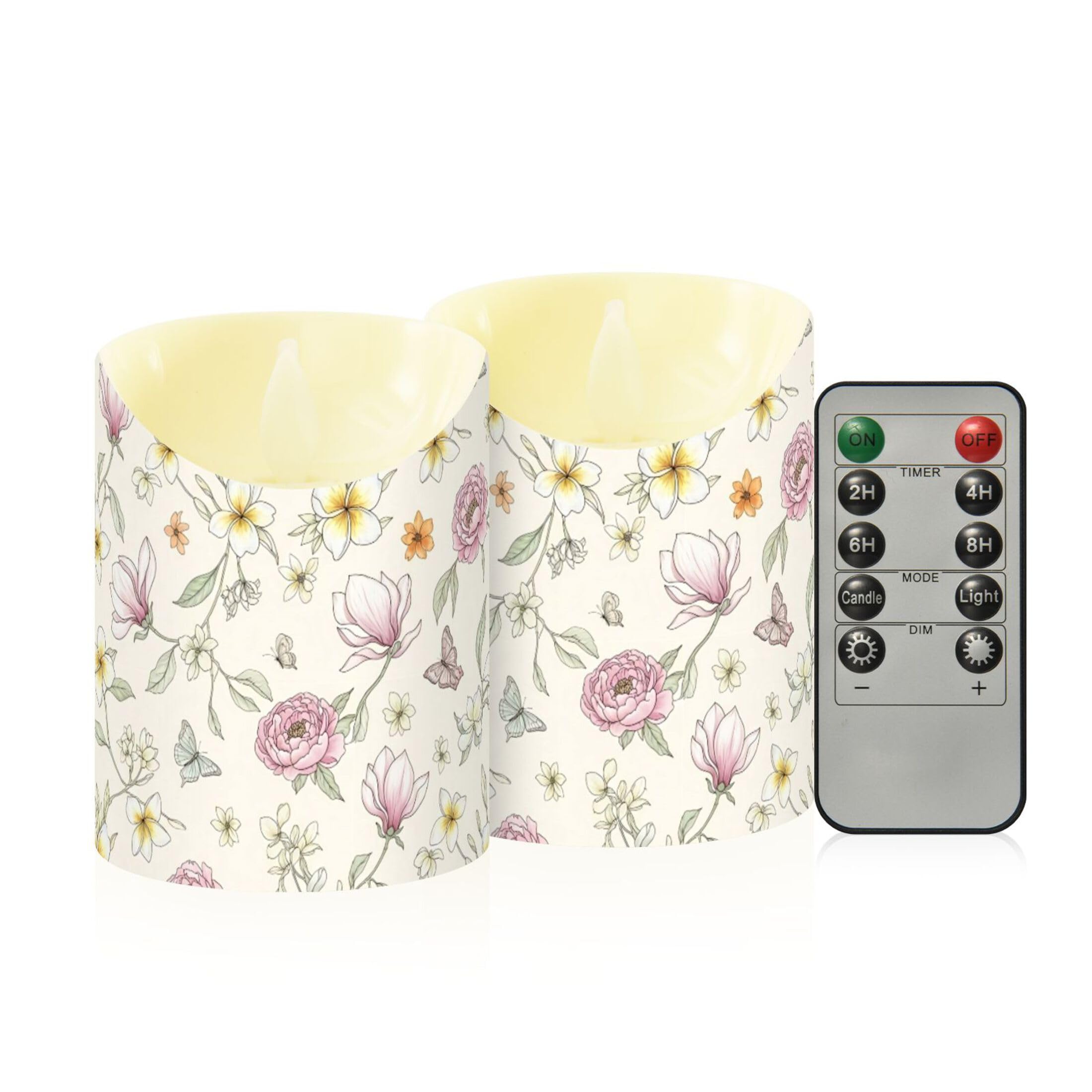Fuauuyl Flowers LED Flameless Candles Flickering Plastic Pillar Candles Battery Operated Votive Candle with Remote Control and Timer, Home Decoration 2 Pack
