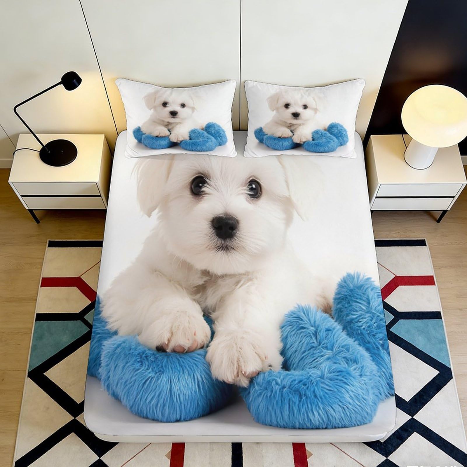 3D Printed White Puppy Blue Slippers Fitted Sheet Microfiber Soft Mattress Cover for Bedroom Dorm Easy Care 140x200x25cm