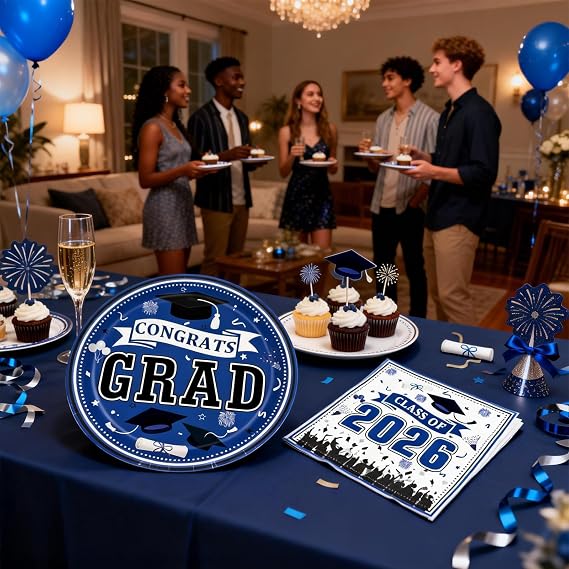 2026 Graduation Party Supplies Blue & Black Disposable Plates and Napkins, Class of 2025 Tableware Set for College and High School Graduation Parties, Serves 16