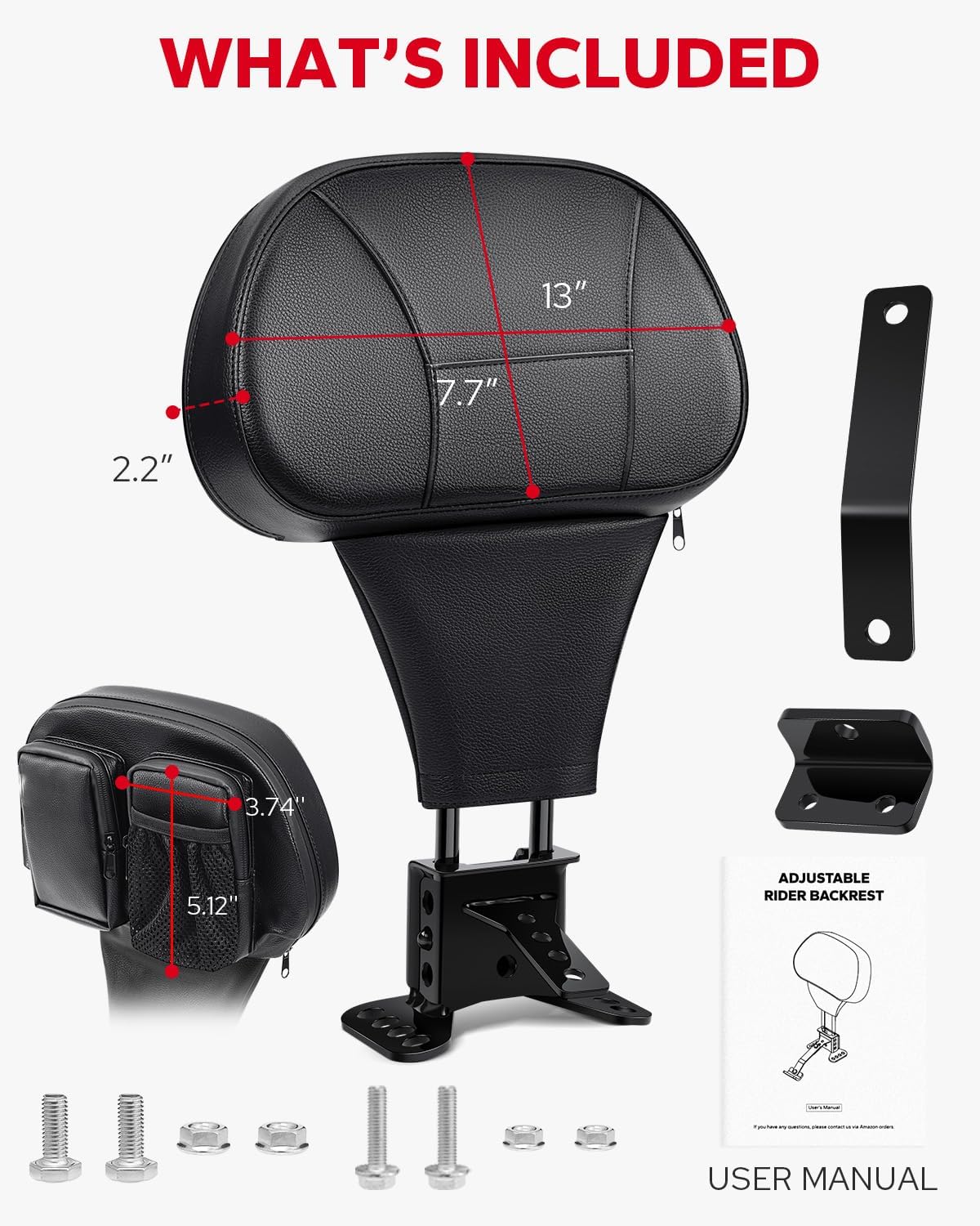 Amazicha Rider Driver Backrest, Adjustable Plug-in Driver Rider Backrest with Storage Bag Fit for Harley Davidson Touring Electra Glide Road Glide Street Glide Road King CVO 1988-2024, Black
