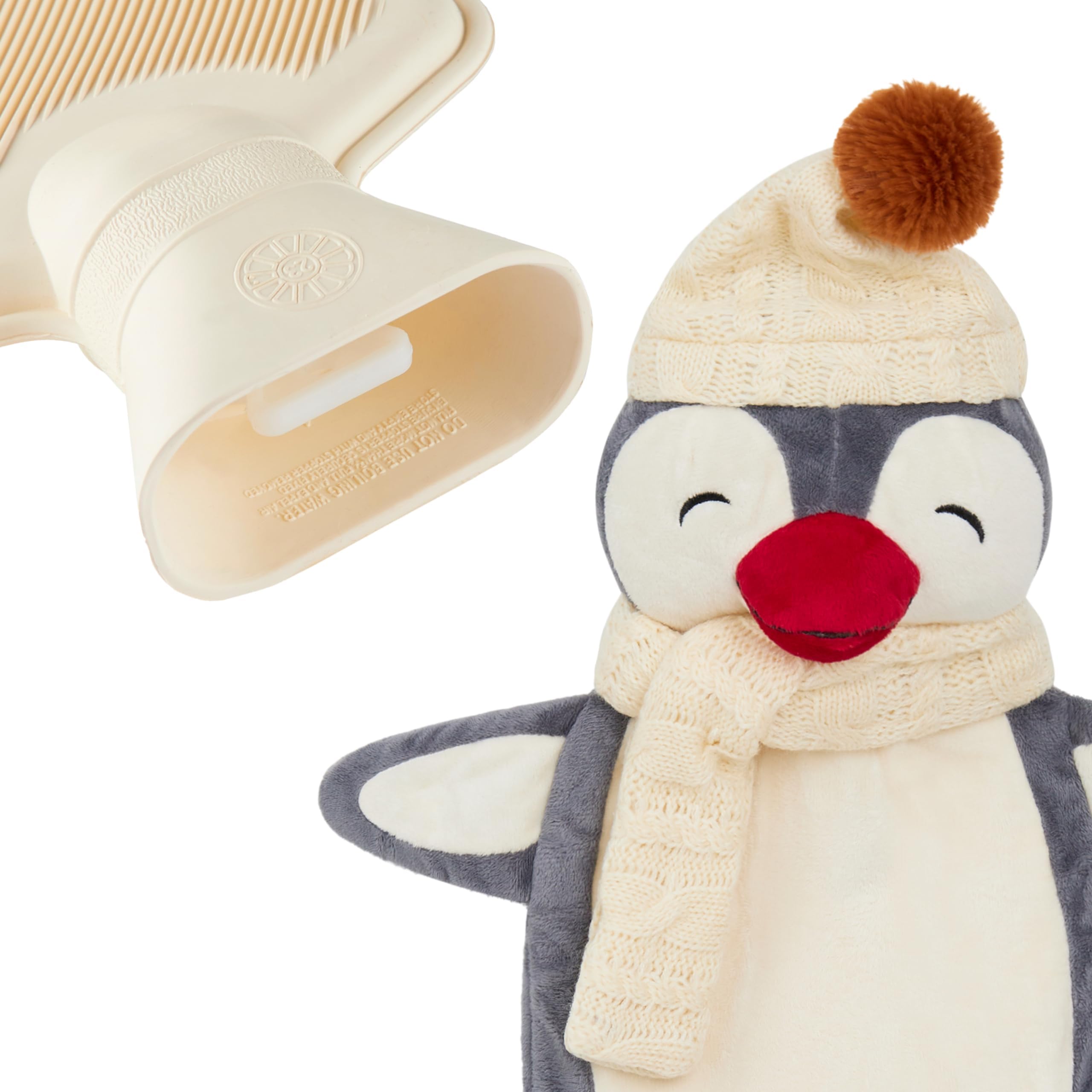 Bolsa Agua Caliente con Funda de Felpa- Botella Agua Caliente de Caucho Natural, 1 Litro - Funda de Animal de Peluche - Regalos Navidad (Gris Pingüino)