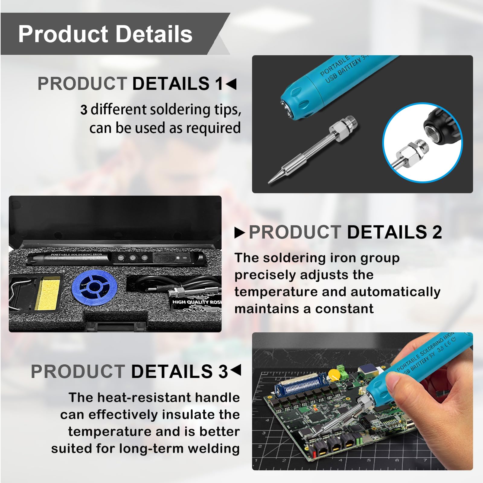 Set Saldatore a Batteria Set Saldatore Con Lcd E 3 Punte di Saldatura, Saldatore Batteria Usb, Temperatura Regolabile 200℃-450℃, Ricaricabile Usb Saldatore Senza Fili Per Riparazione Della Saldatura