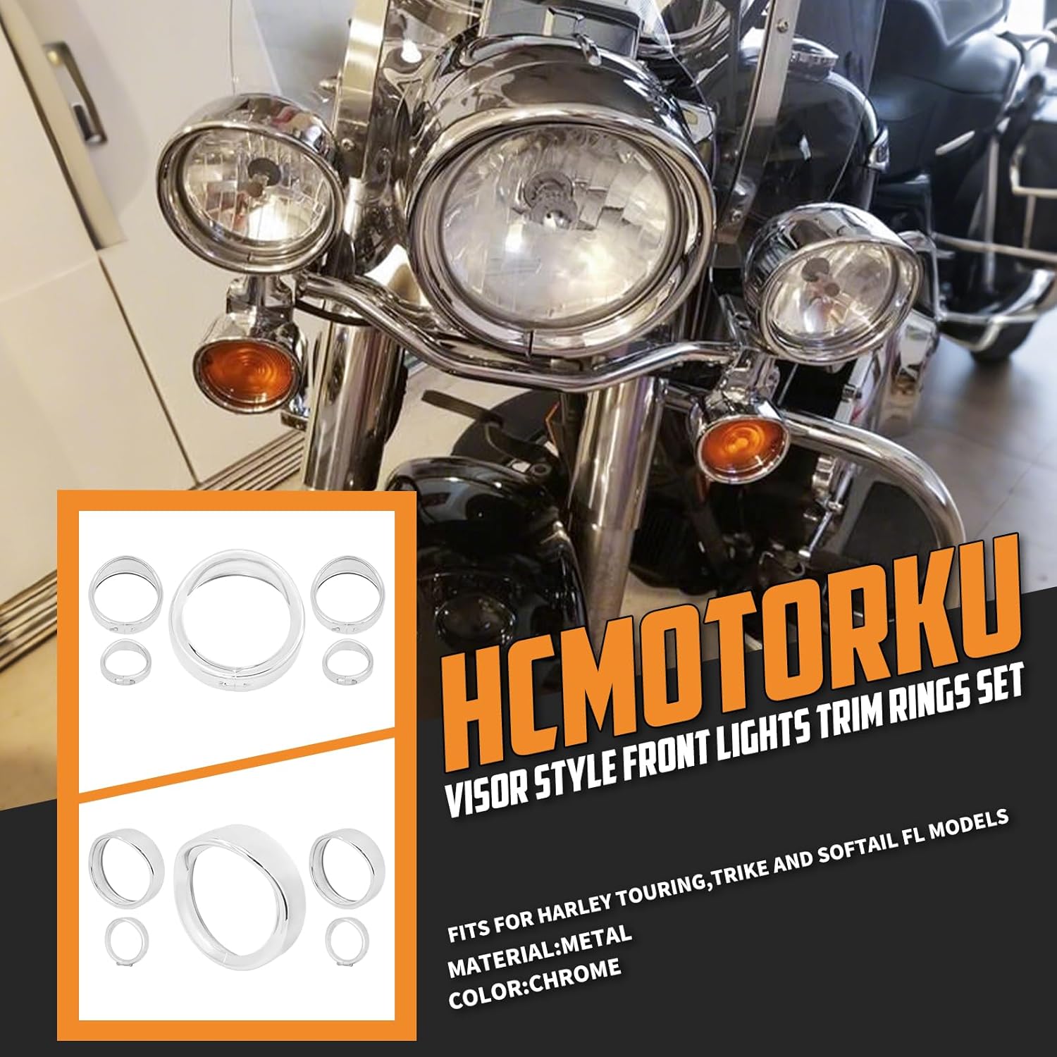 7" Headlight Trim Ring 4.5" Fog Light Visor Style Headlamp Frenched Rings Fit For Harley Dyna Touring Road King Electra Street Glide Tri Glide